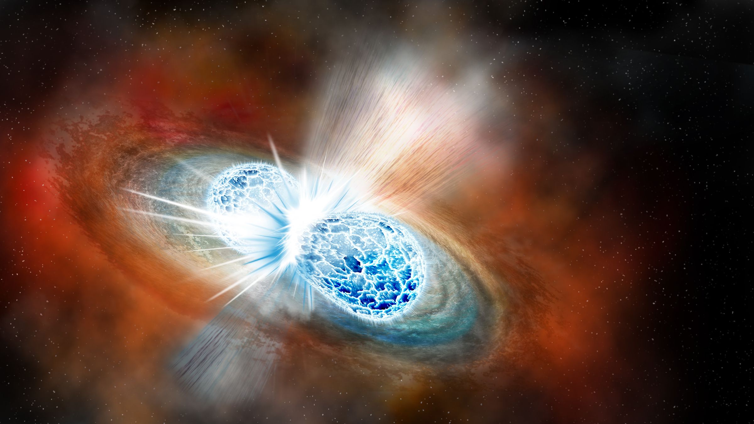 A rendering of the neutron star merger at the moment of impact.