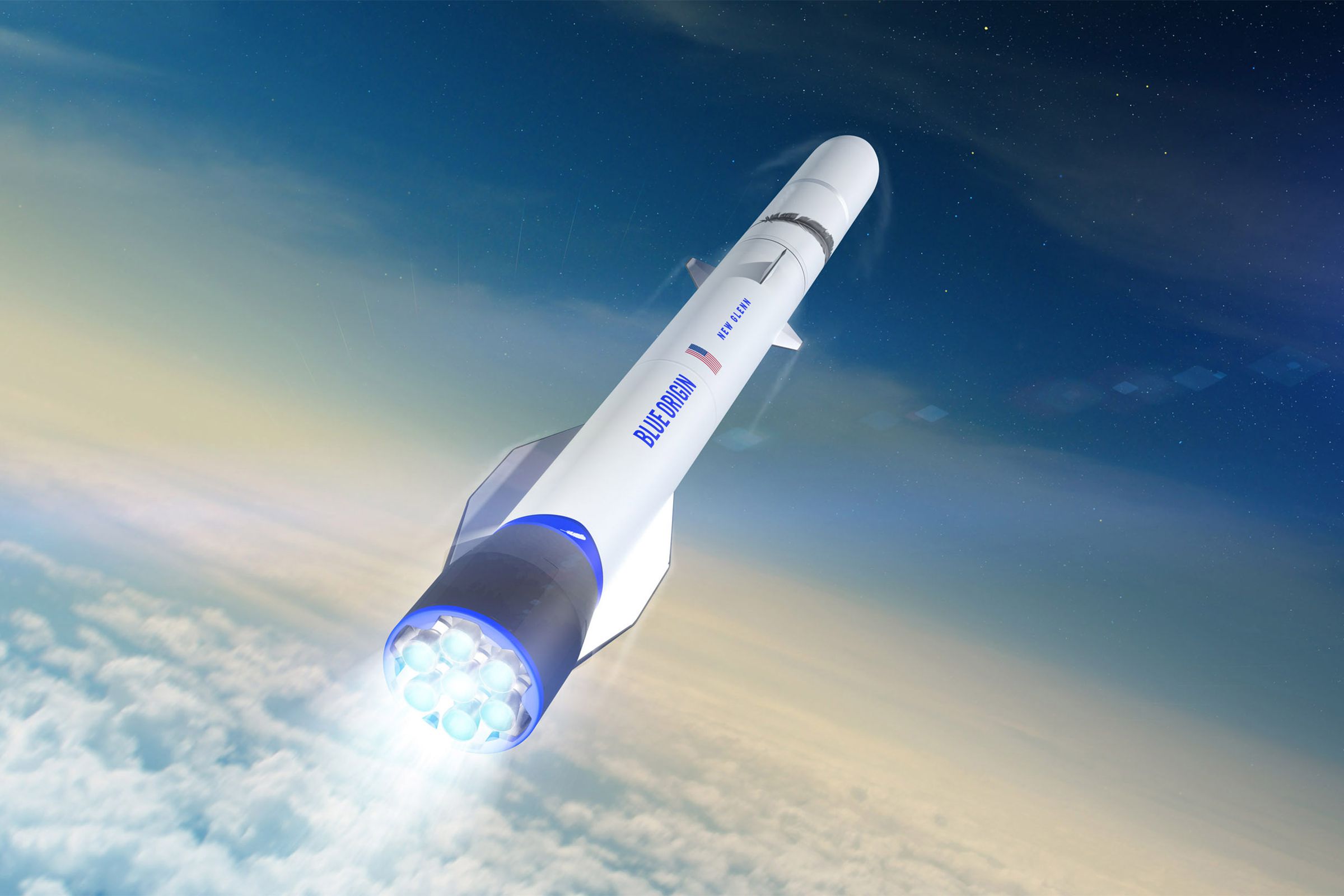 An animation of Blue Origin’s New Glenn launch vehicle, which is supposed to fly for the first time in 2021