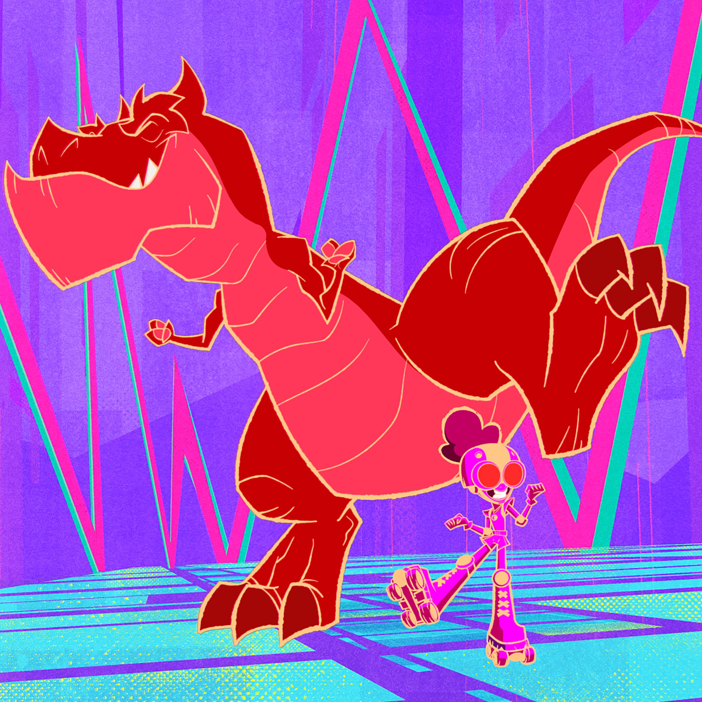 A cartoon tyrannosaurus rex dancing behind a little girl wearing a helmet, goggles, a two-toned shirt, shorts, kneepads, and roller skates, The two are dancing on a disco ball-like grid.