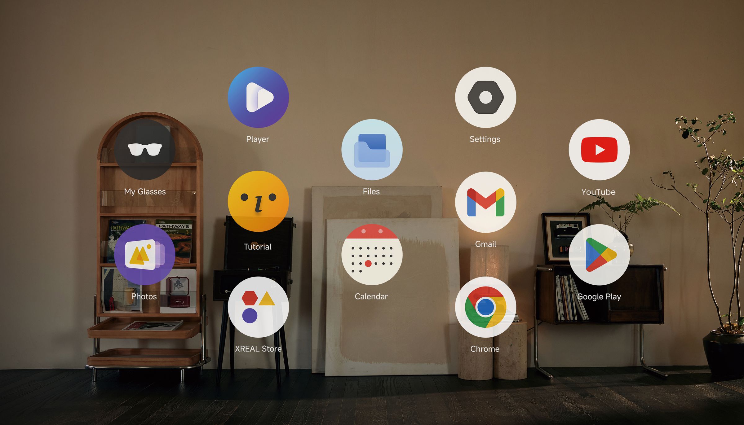 An image of app icons floating above a living room.