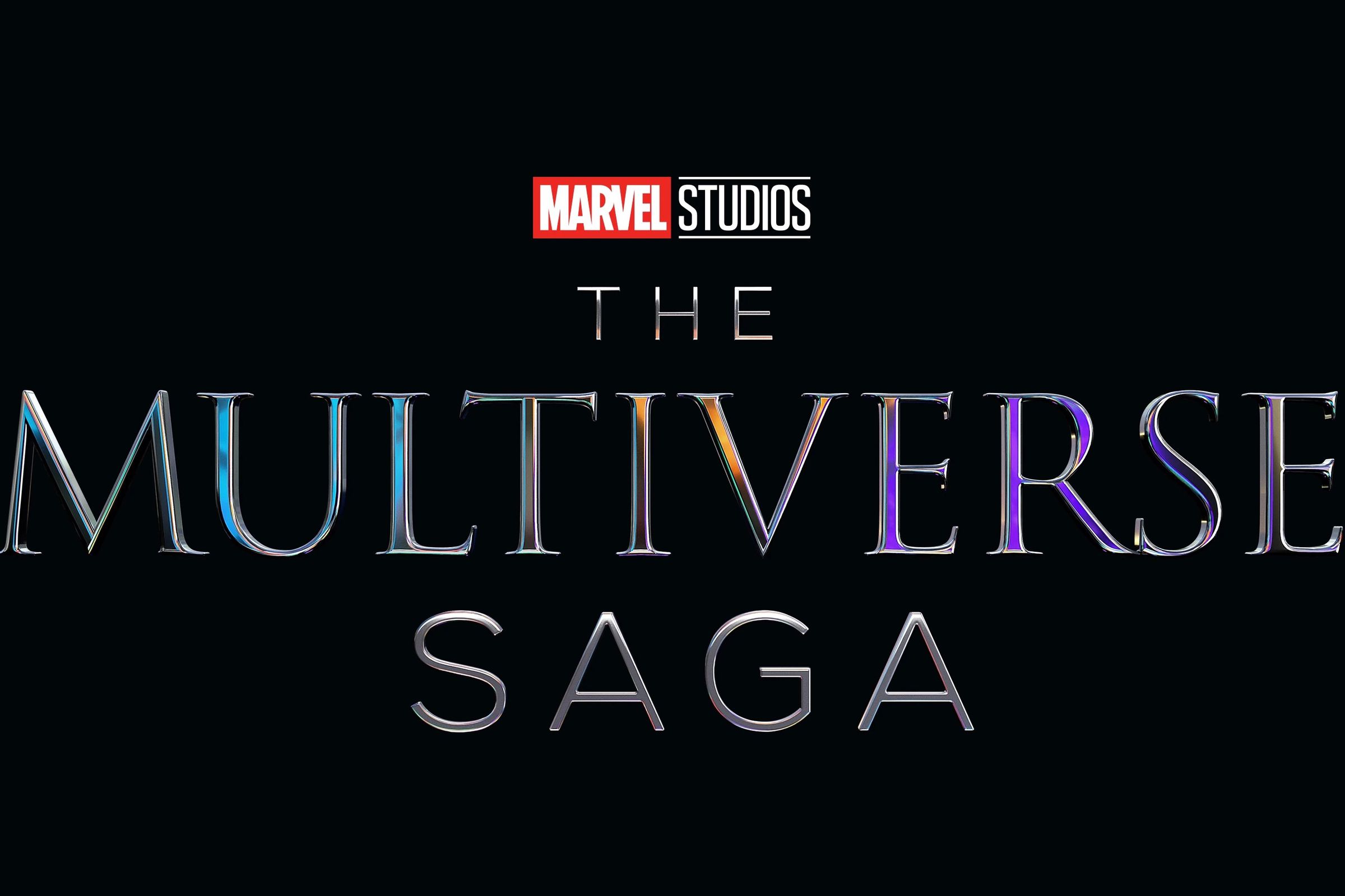 Marvel’s Multiverse Saga logo, which is just the phrase “the Multiverse Saga” written in iridescent letters on a black backdrop.
