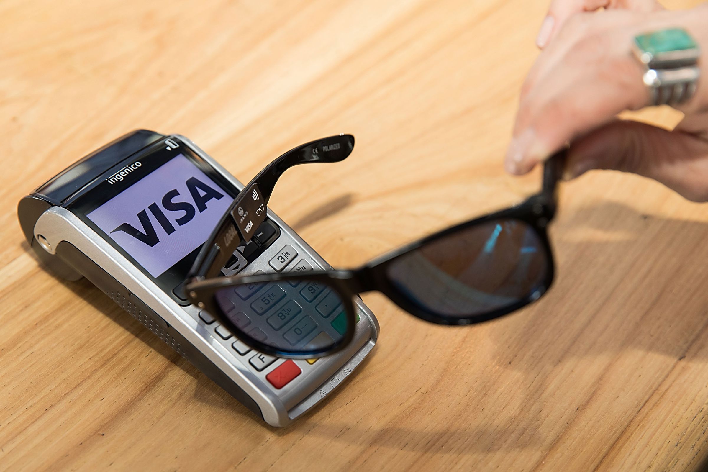 Visa unveils prototype of contactless payment sunglasses from the Everywhere Lounge on March 13, 2017 in Austin, Texas. (Photo by Rick Kern/WME IMG/Getty Images for VISA)