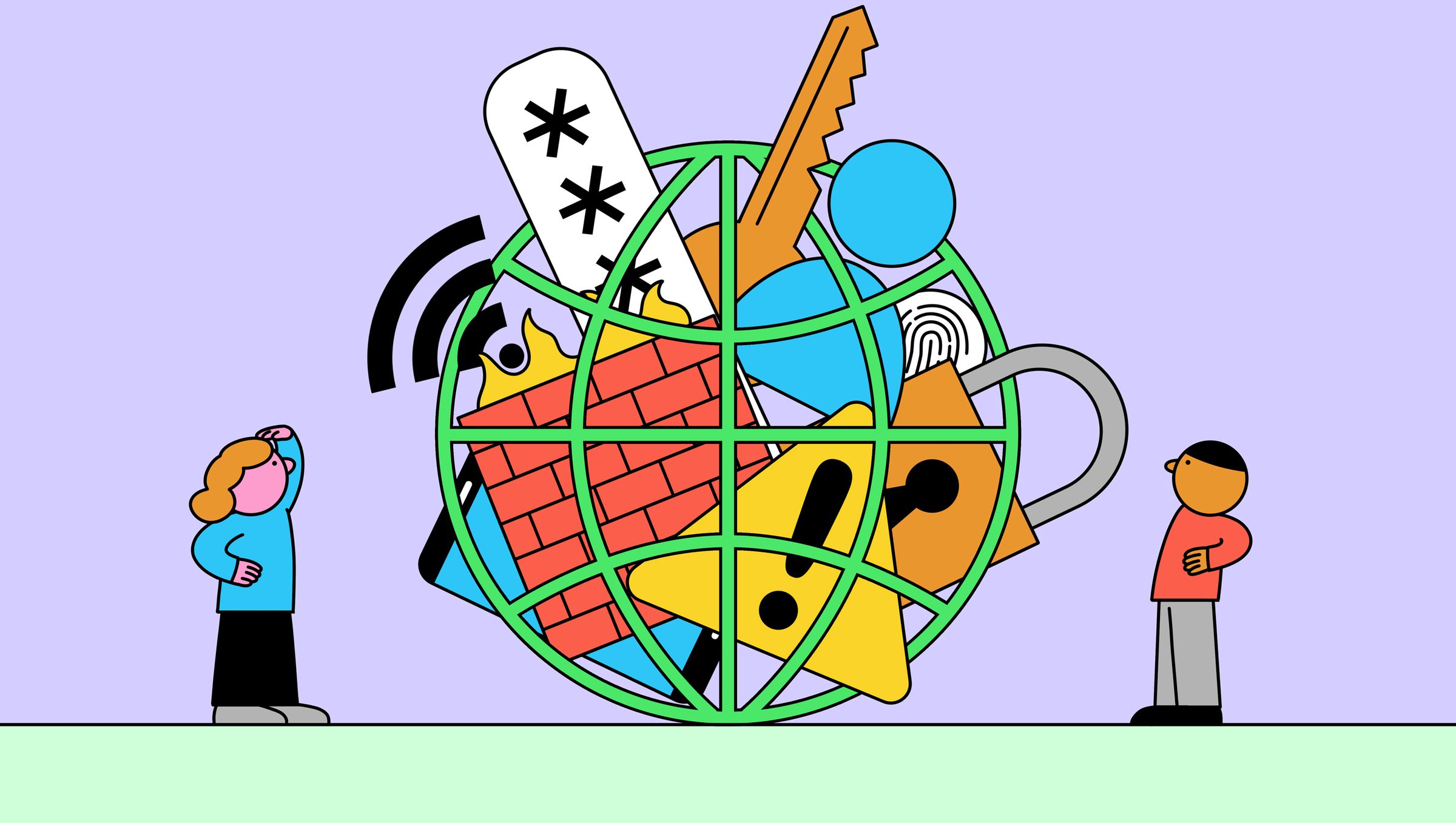 Two cartoon figures stand on either side of a globe-shaped cage, which contains a jumble of cartoon icons including a caution sign and an oversized padlock.