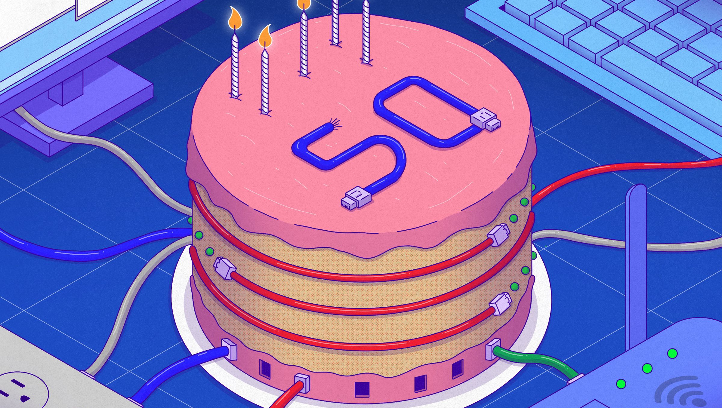 An illustrated birthday cake with the number fifty spelled out with ethernet cables, surrounded by a keyboard, WiFi router, computer monitor, and other ethernet cables.