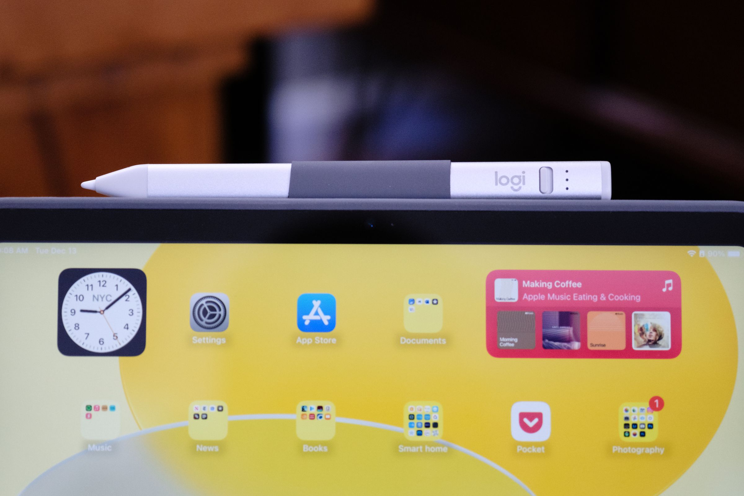 A shot of the Logitech Crayon stylus in the built-in stylus loop on the Combo Touch keyboard case.