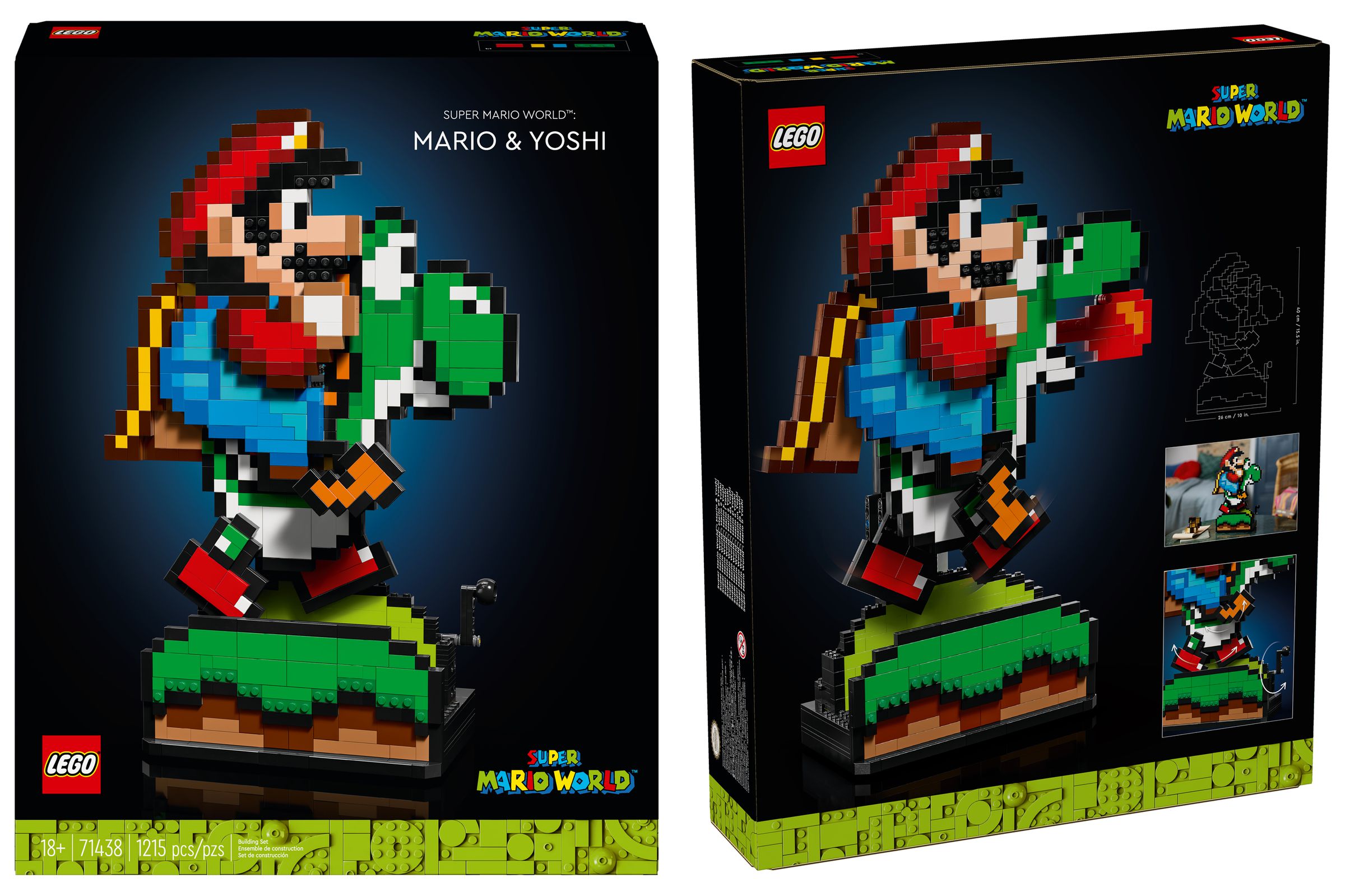 The front and back of the packaging for the Lego Super Mario Super Mario World: Mario &amp; Yoshi set.