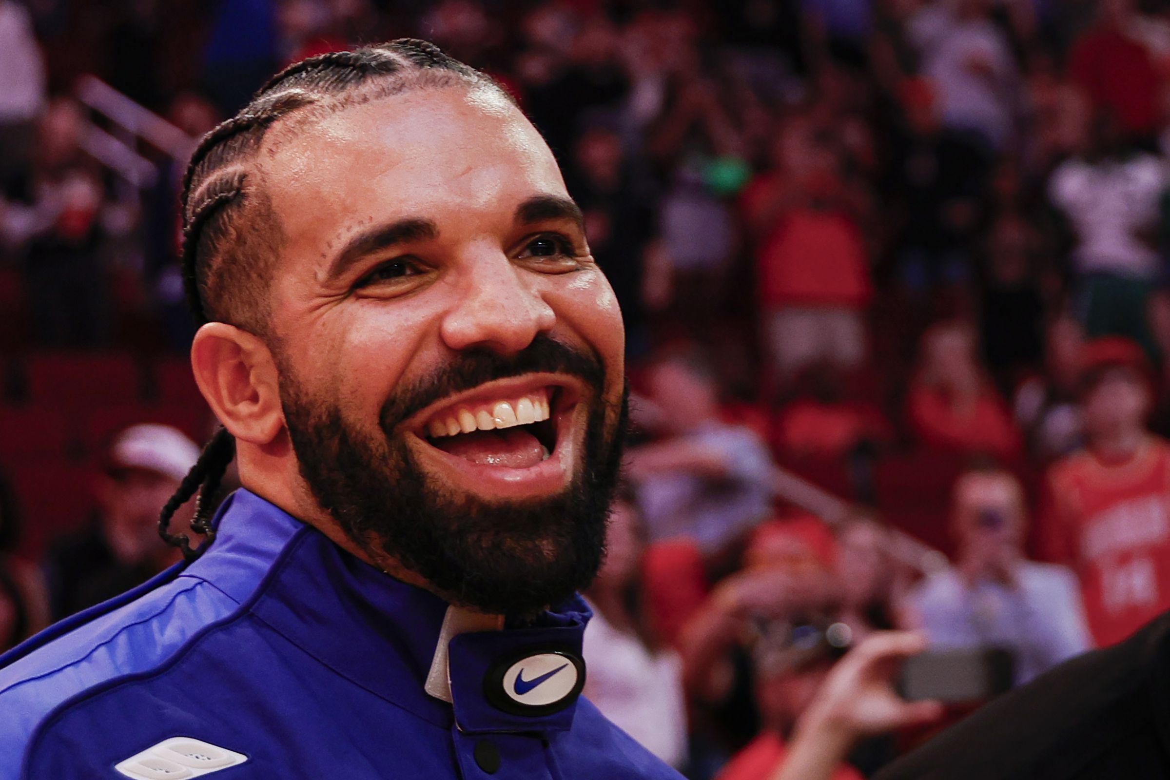 Rapper, songwriter, and icon Drake attends a game between the Houston Rockets and the Cleveland Cavaliers at Toyota Center on March 16th, 2024, in Houston, Texas.