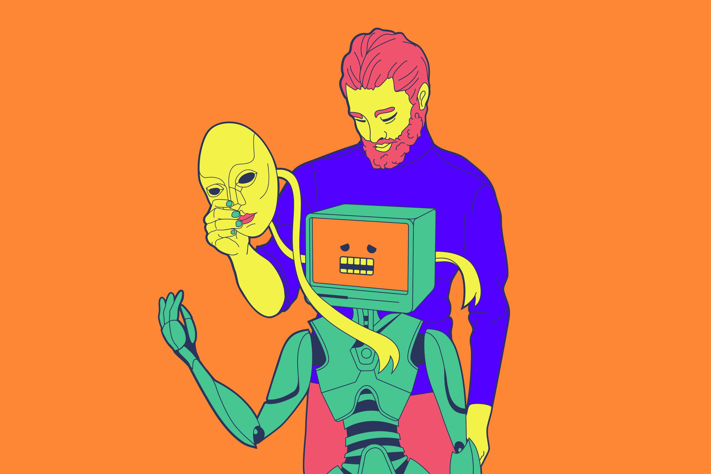 An illustration of a man pulling a theater mask off a humanoid body to reveal a computer screen.