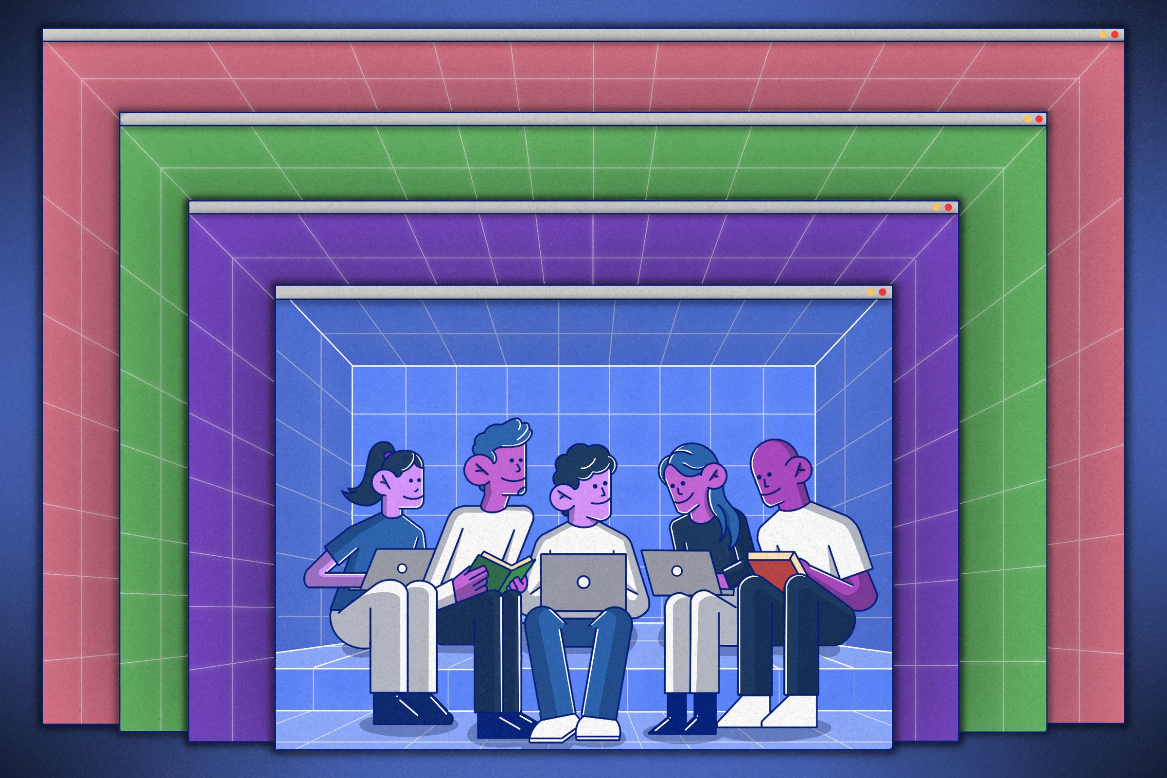 Illustration of five people sitting together on their laptops