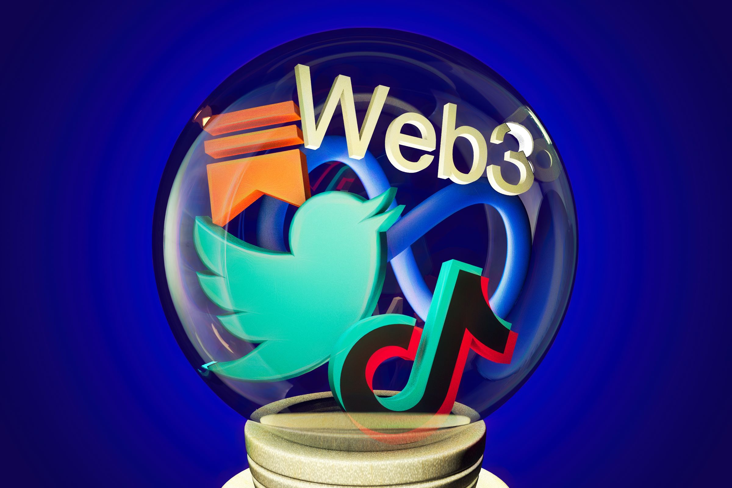 A crystal ball with logos for TikTok, Twitter, Meta, Web3, and Substack inside.