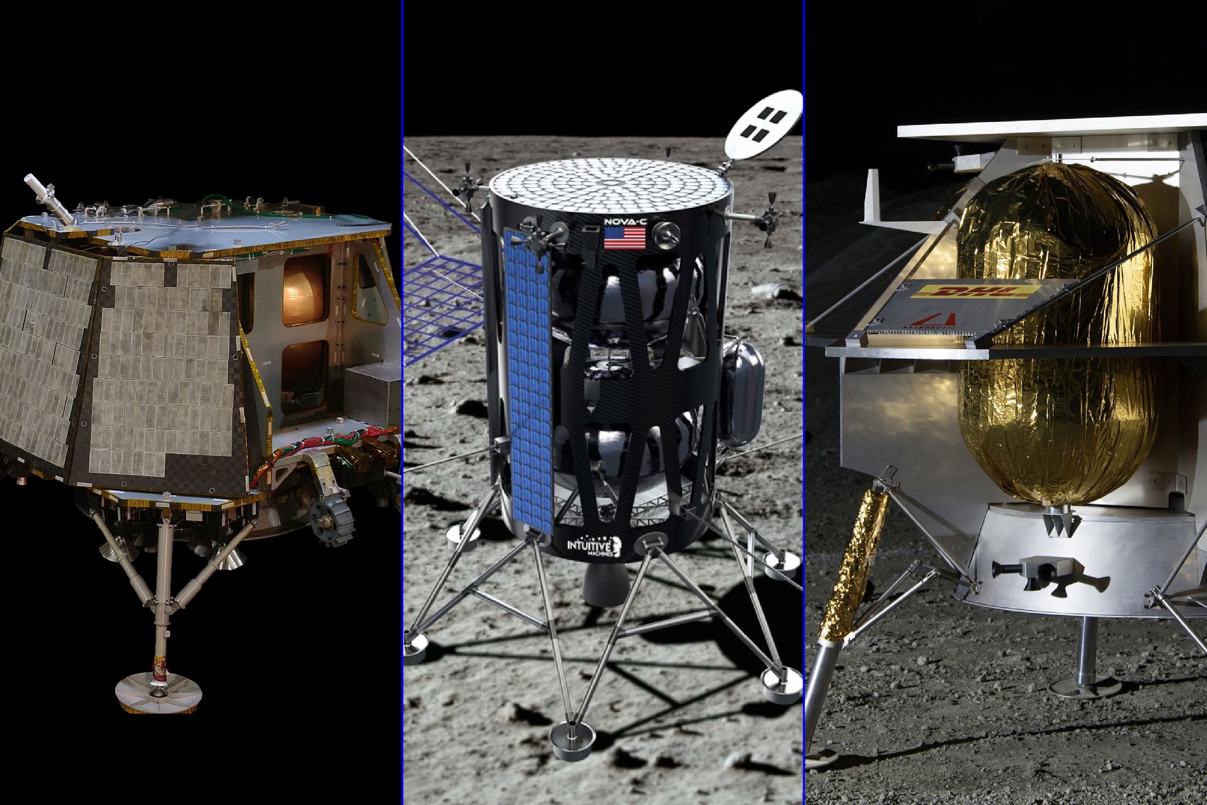 Orbit Beyond’s lander (L), Intuitive Machines’ lander (C), and Astrobotic’s lander (R).