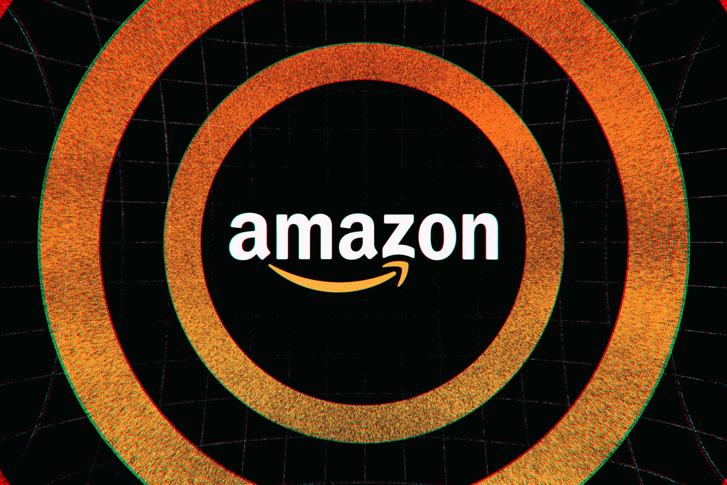 Illustration of Amazon’s wordmark in an orange and black bull’s-eye.