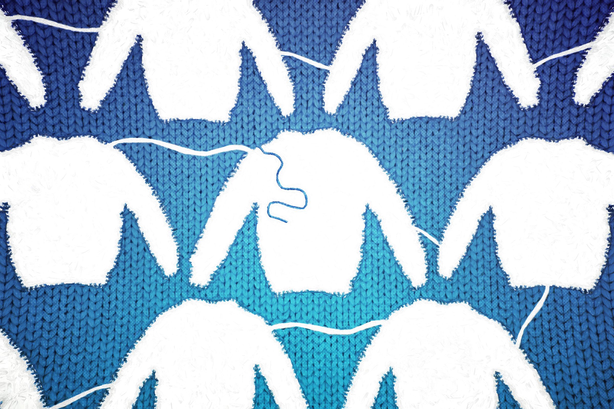A graphic of white knitted sweaters on a blue yarn background, connected by threads.