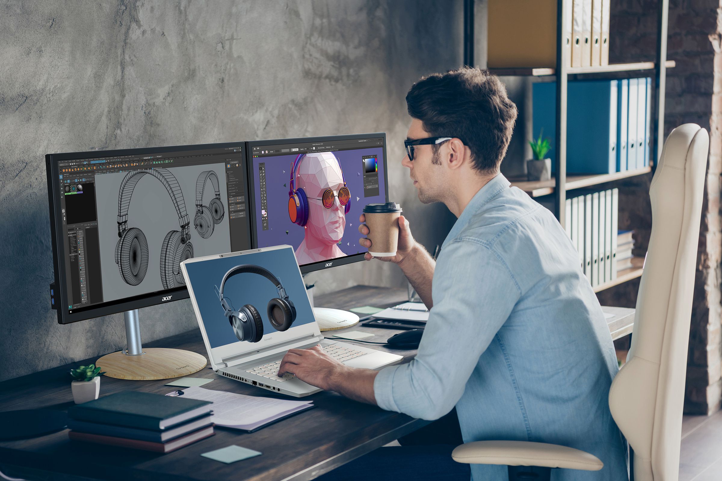 A user views a 3D model of black headphones on a white ConceptD notebook with a blue background. To its left is a pile of three notebooks, a notepad, and a small potted plant. The user holds a coffee in their right hand. Behind the notebook are two external monitors where the user edits a 2D version of the image in editing software. To the right of the desk is a bookshelf.