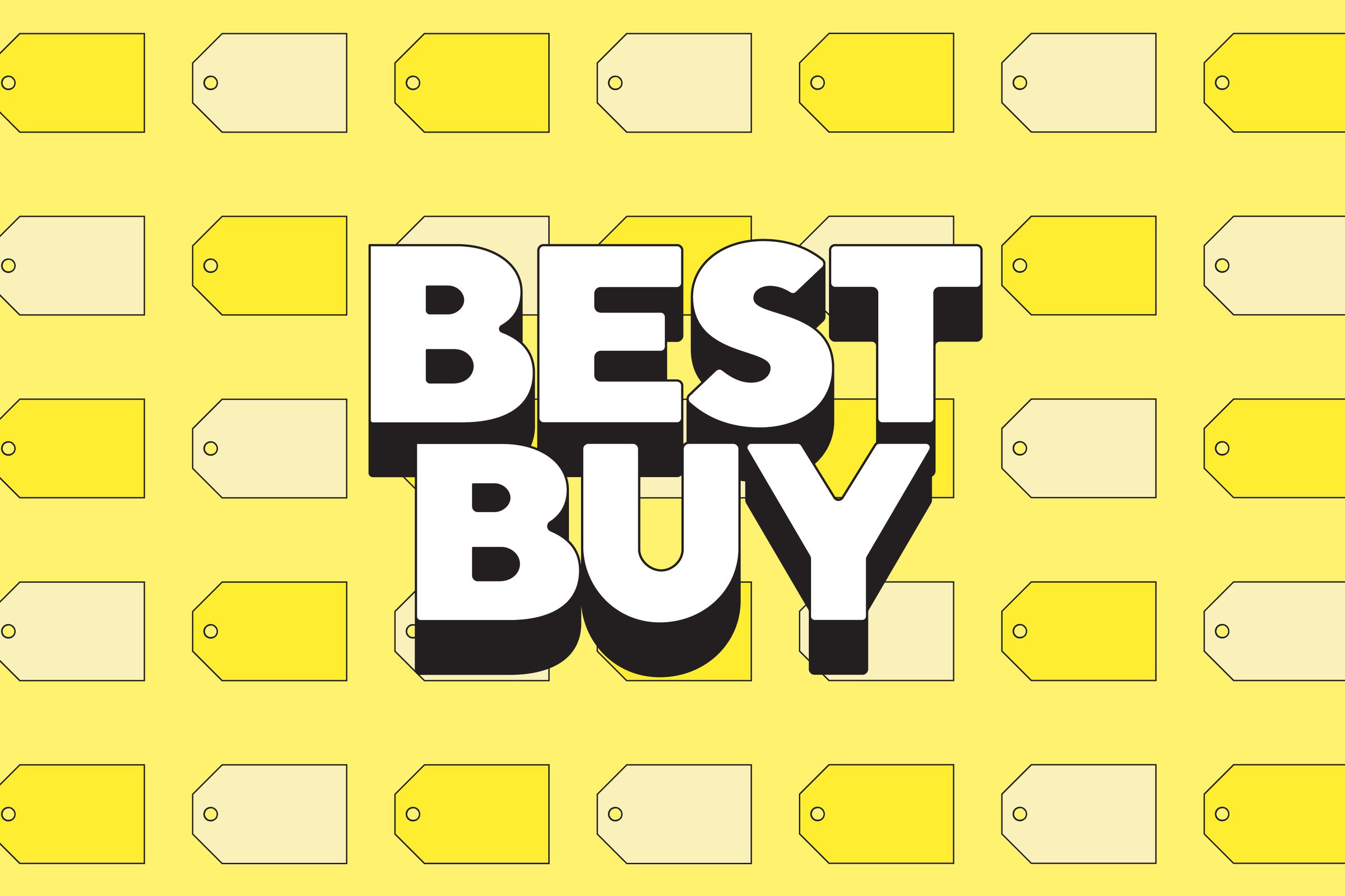 Beyaz ve sarı etiketlerin üzerine yerleştirilmiş Best Buy logosu.