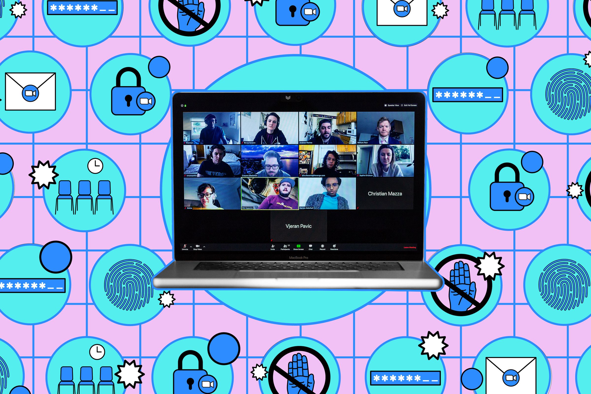 A computer showing a group of people having a video meeting; the computer is surrounded by an assortment of blue icons against a purple background.