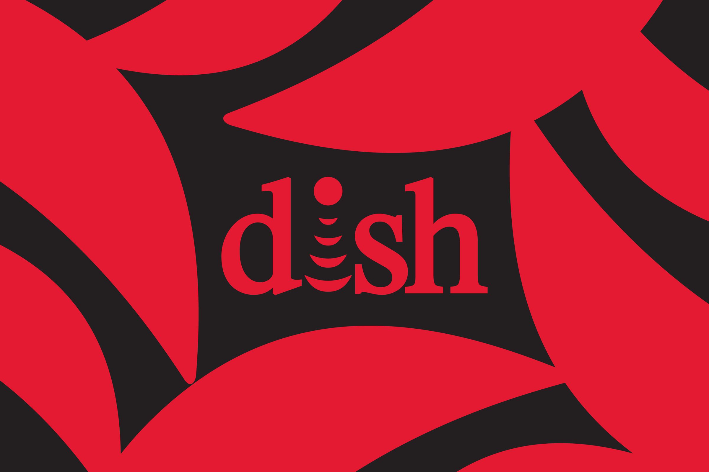 Illustration of the Dish wordmark on a black and red background.