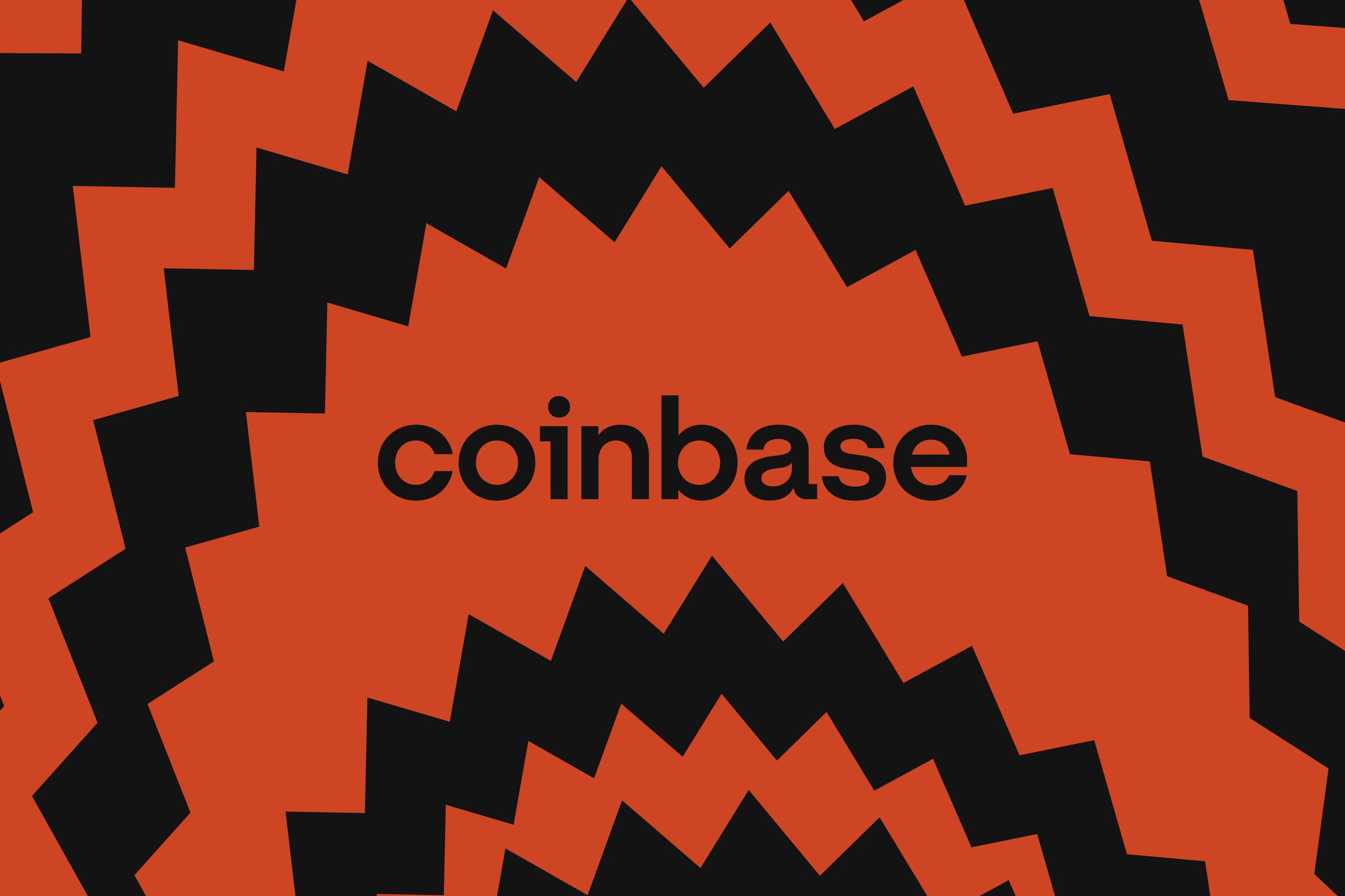 Illustration of the Coinbase wordmark on a black and red background.