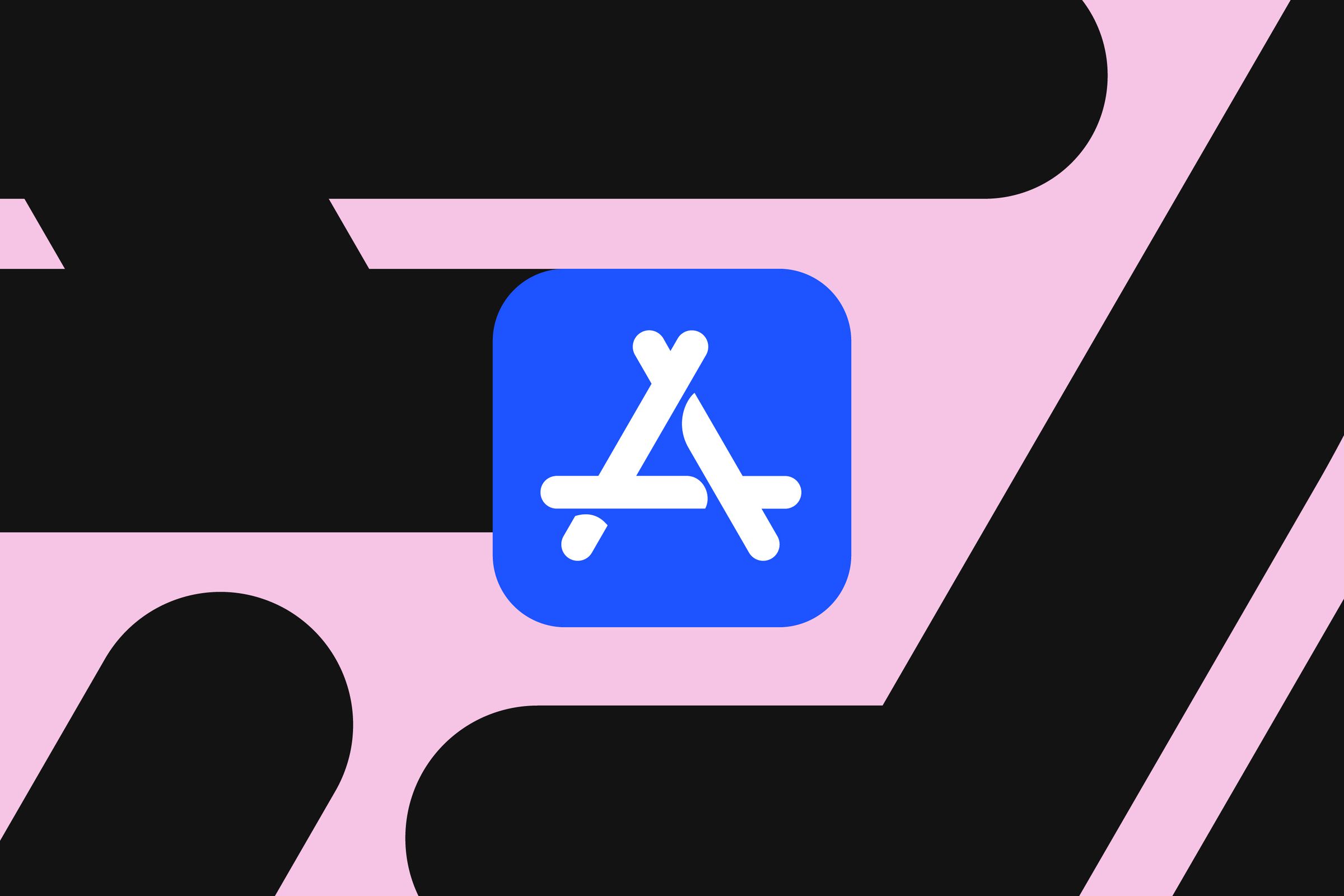 The image displays Apple’s blue App Store logo in front of a pink and black background.