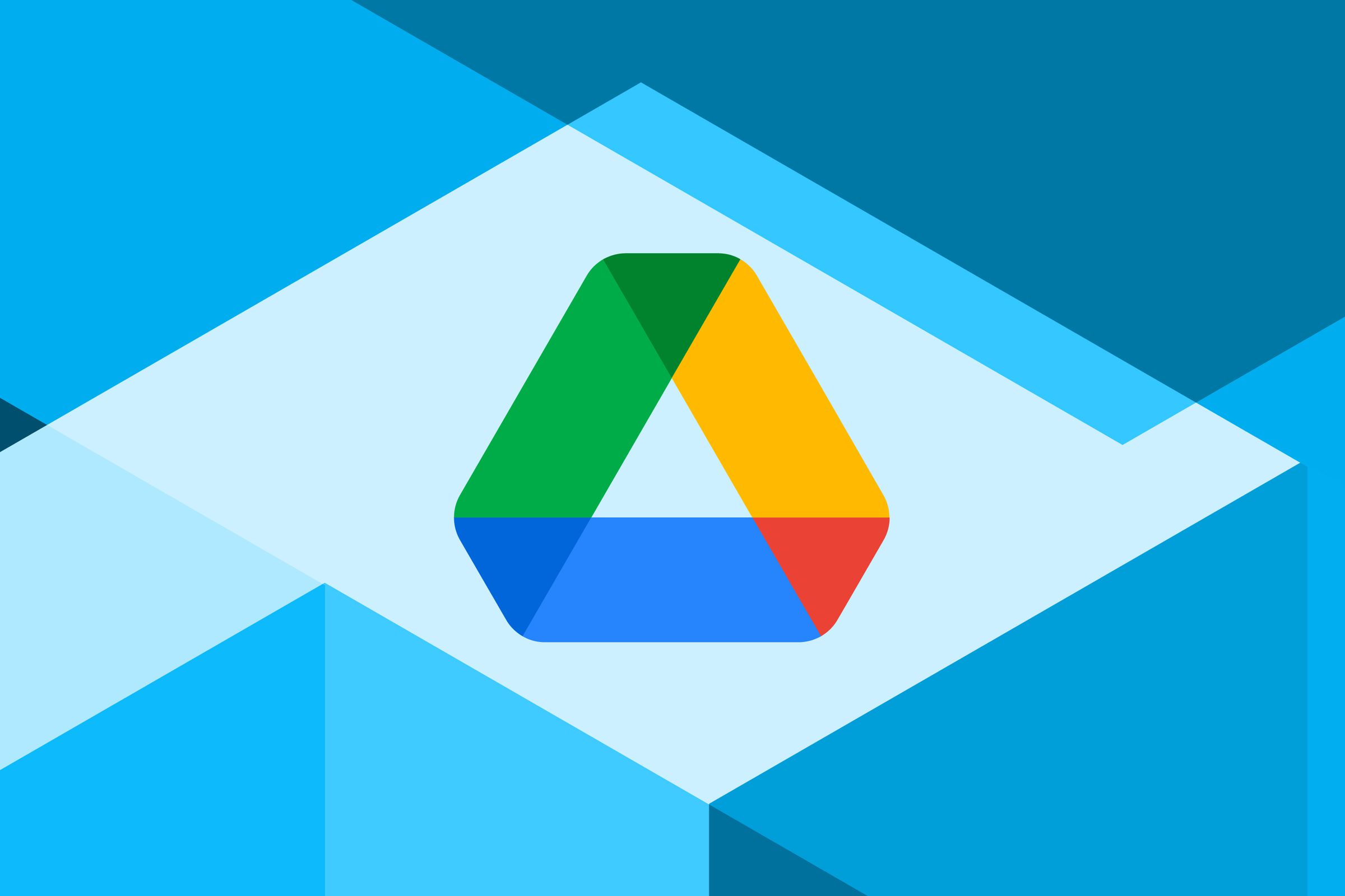 The Google Drive logo on a background of geometric shapes in various shades of blue.