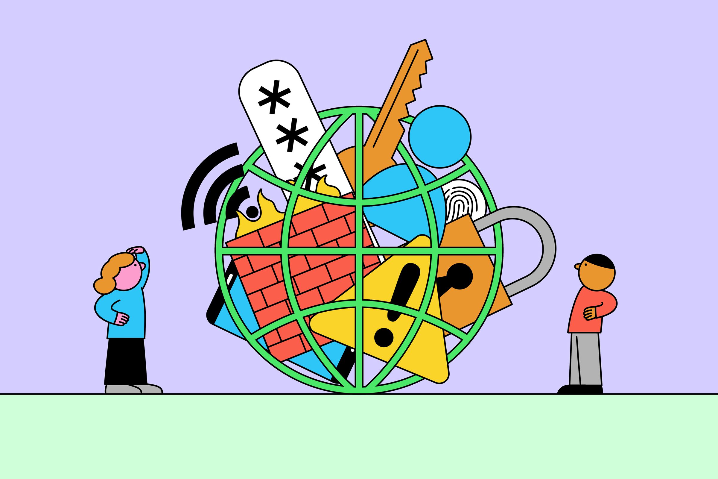 Two cartoon figures stand on either side of a globe-shaped cage, which contains a jumble of cartoon icons including a caution sign and an oversized padlock.
