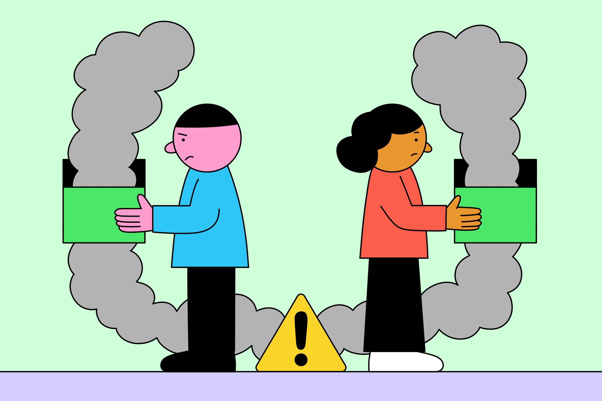 Two cartoon figures face away from each other holding matching boxes emitting smoke, which comes from a common source behind them.