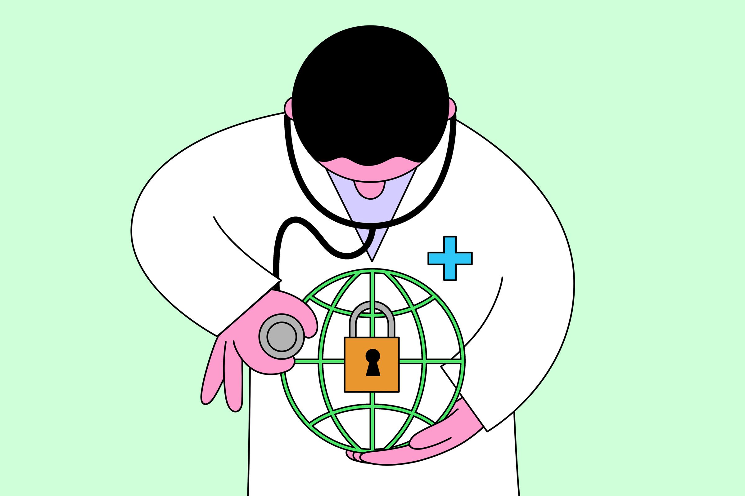 An animation of a doctor holds a stethoscope to a transparent globe with a padlock inside.