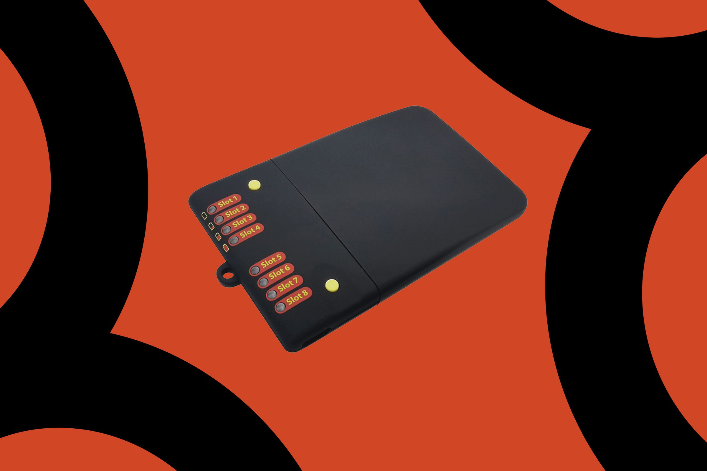 A thin black device with eight colored slots set against an orange and black background.