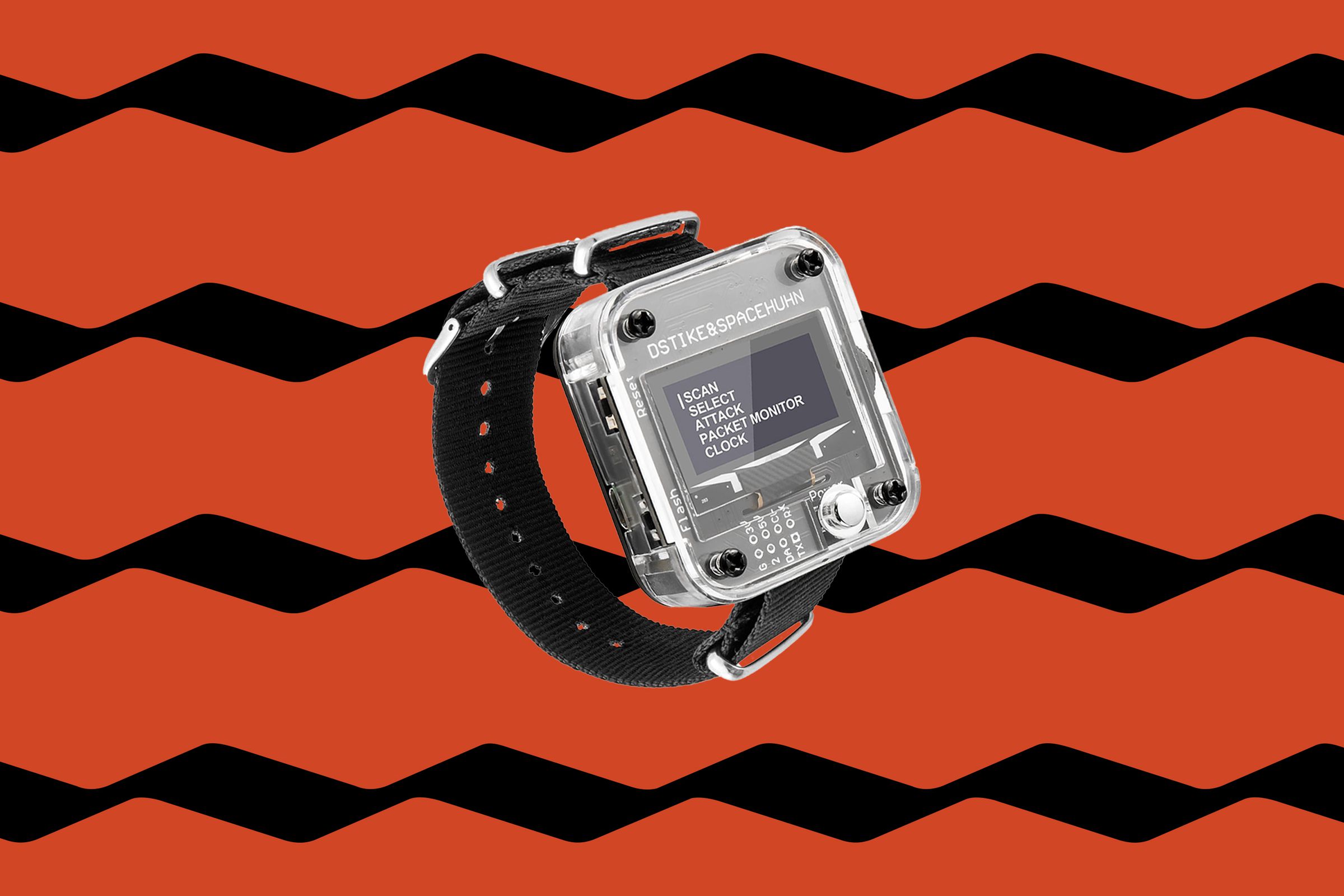 A blocky clear plastic watch, superimposed over a patterned orange and black background.