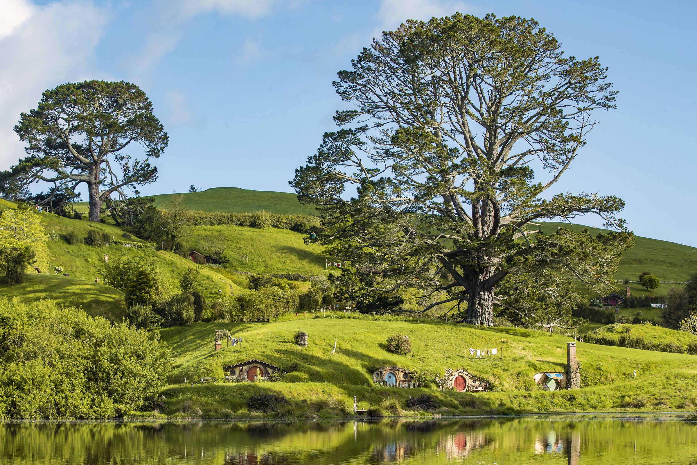 A photograph of the Hobbiton movie set, showing a Hobbit hole against rolling green hills.