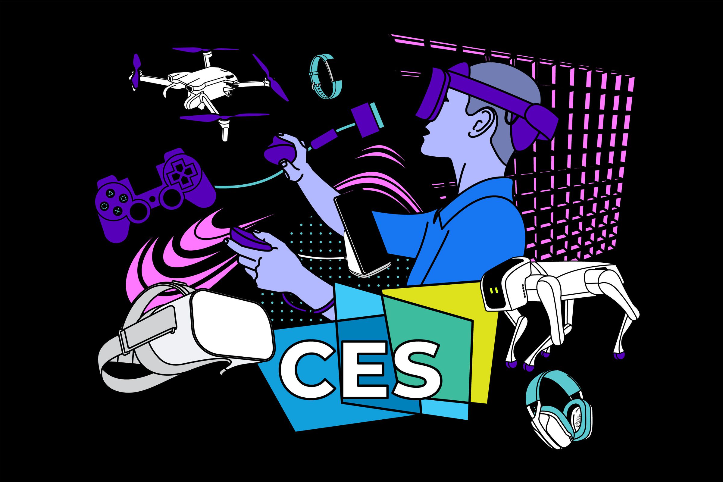 An illustrated collage of gadgets around a logo for CES. There’s a drone, controller, VR headset, and more.