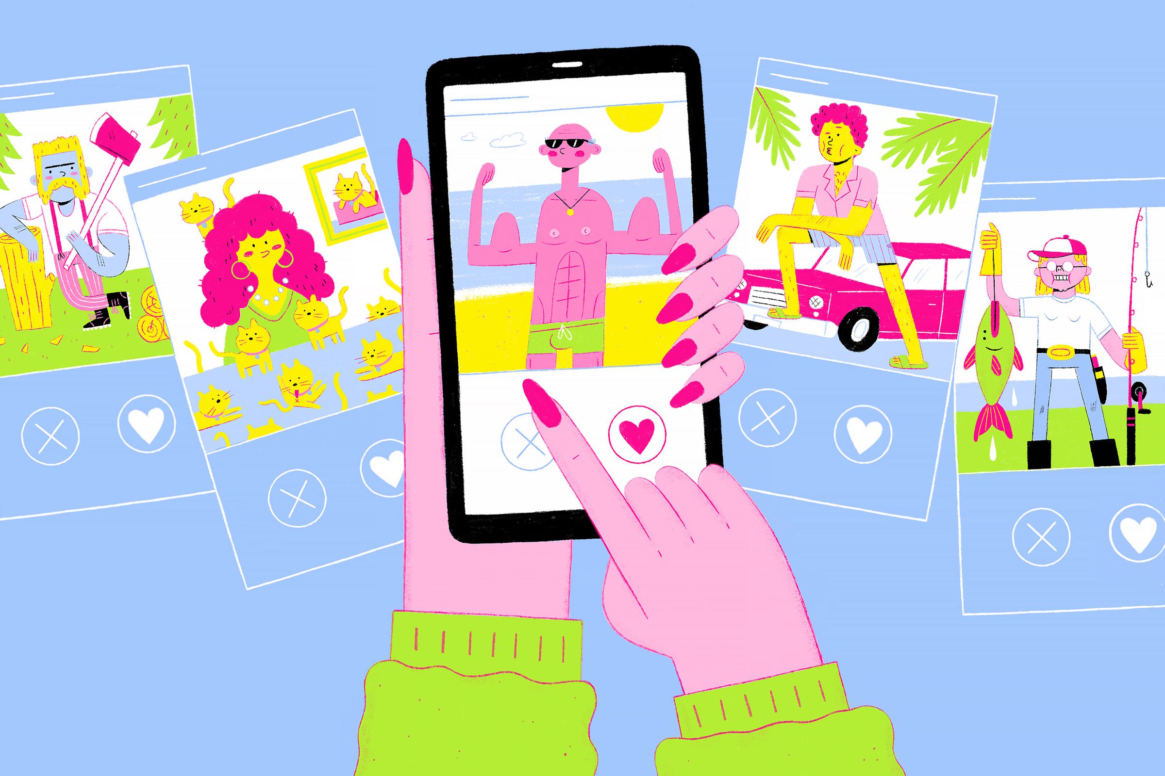 An illustration showing different profiles from a dating app, with heart and X buttons underneath. A finger hovers over a photo of a silly looking buff man. The other screens show a lumberjack, a woman with cats, a woman fishing, and a man chilling on a car.