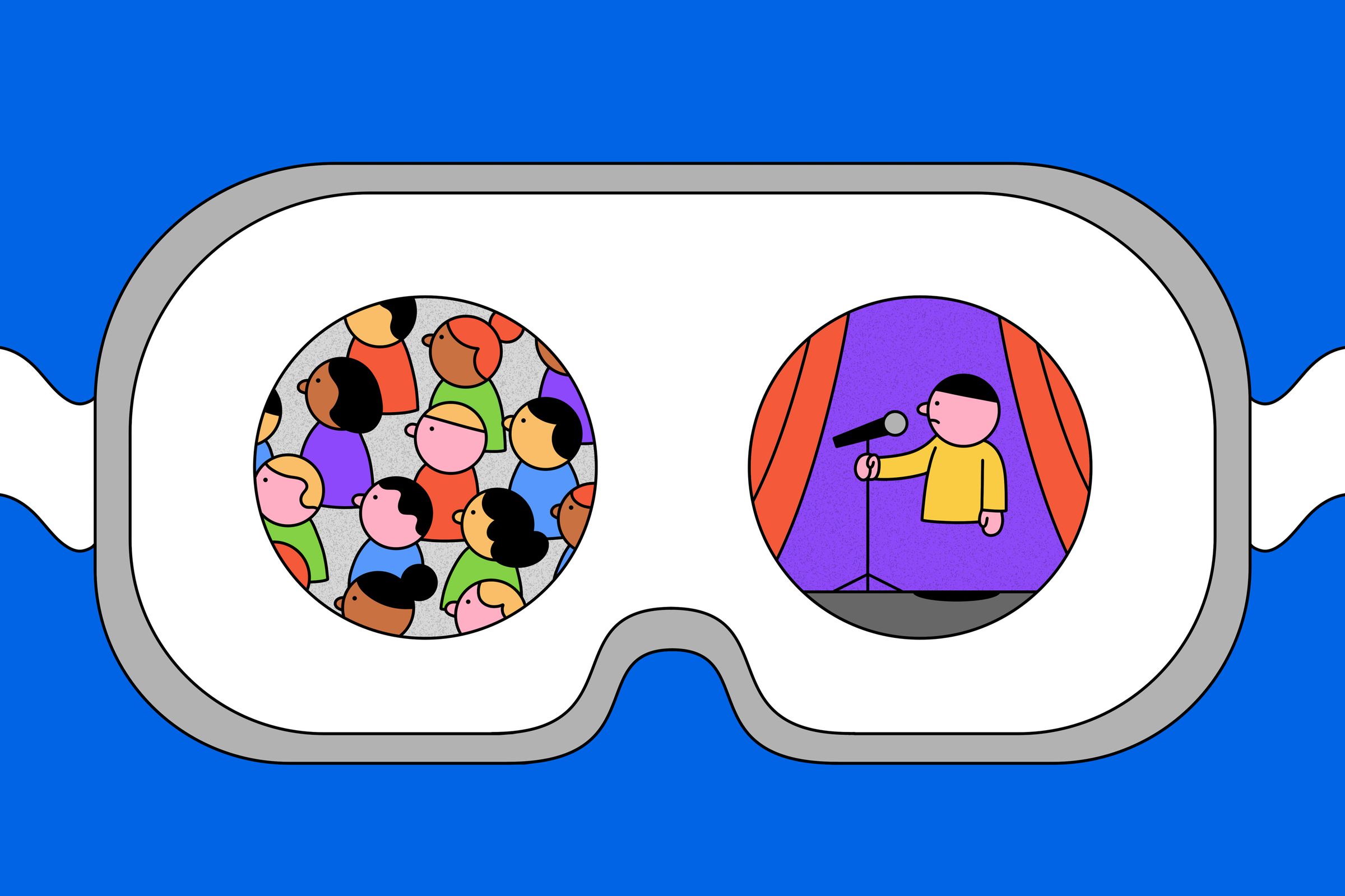 An illustration of somebody watching a comedy show in a VR headset.