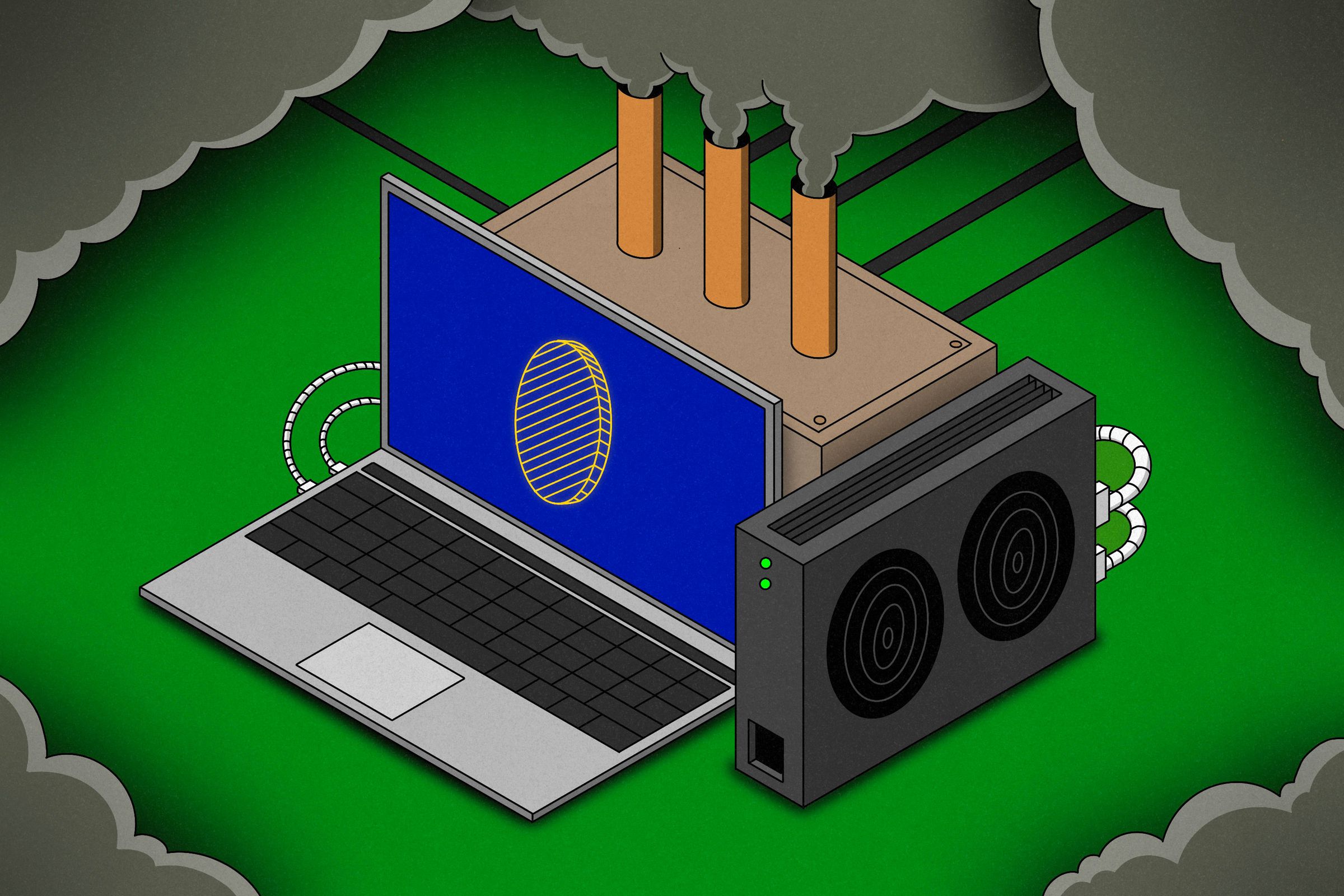 Art depicts a giant computer attached to a power plant spewing smoke out of three smokestacks.