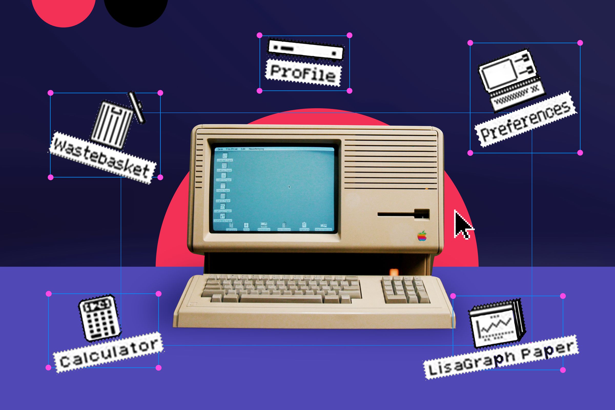 An Apple Lisa against a purple and pink background with desktop icons.