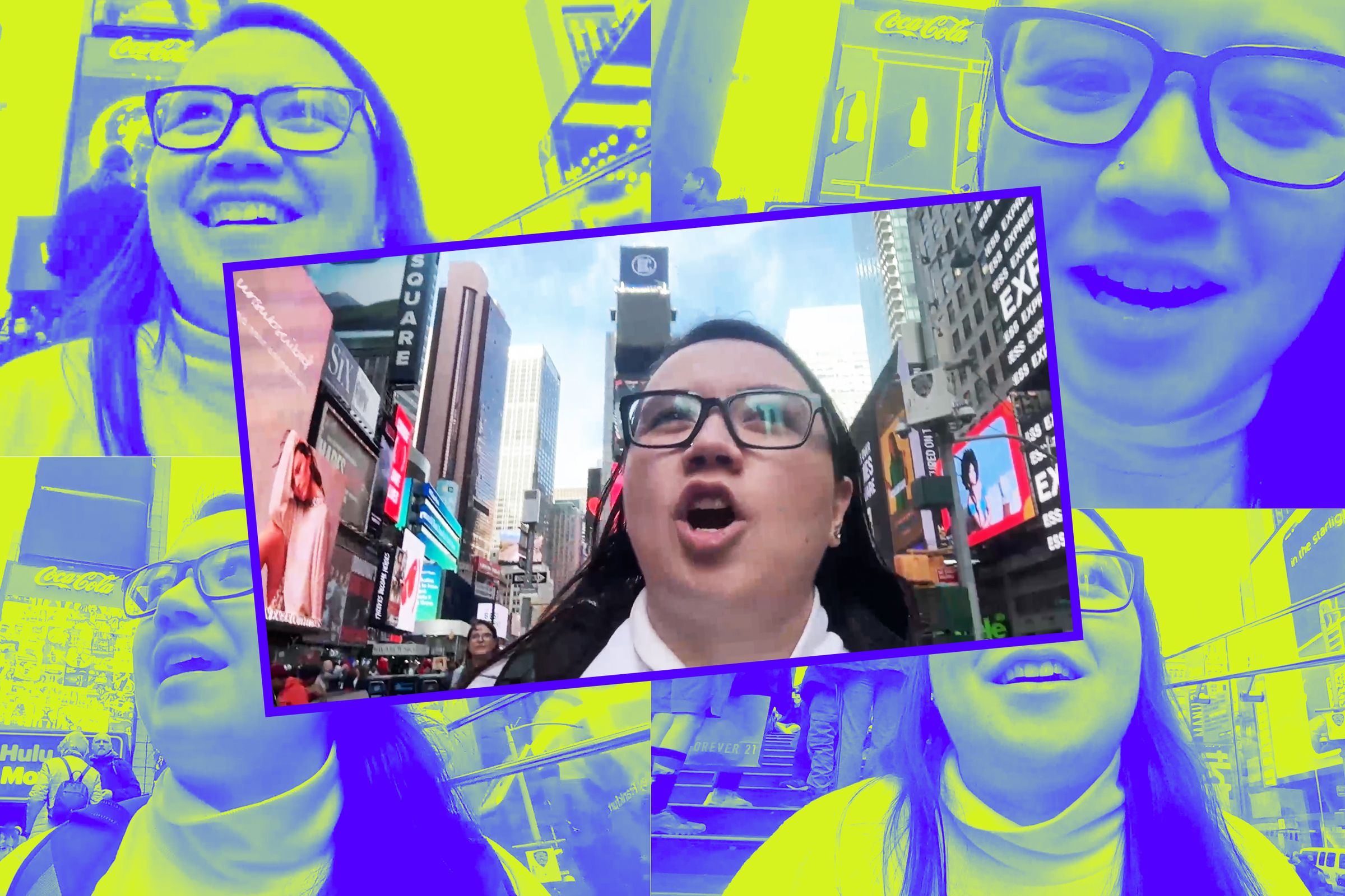 Compilation of screenshots of video calls from Times Square