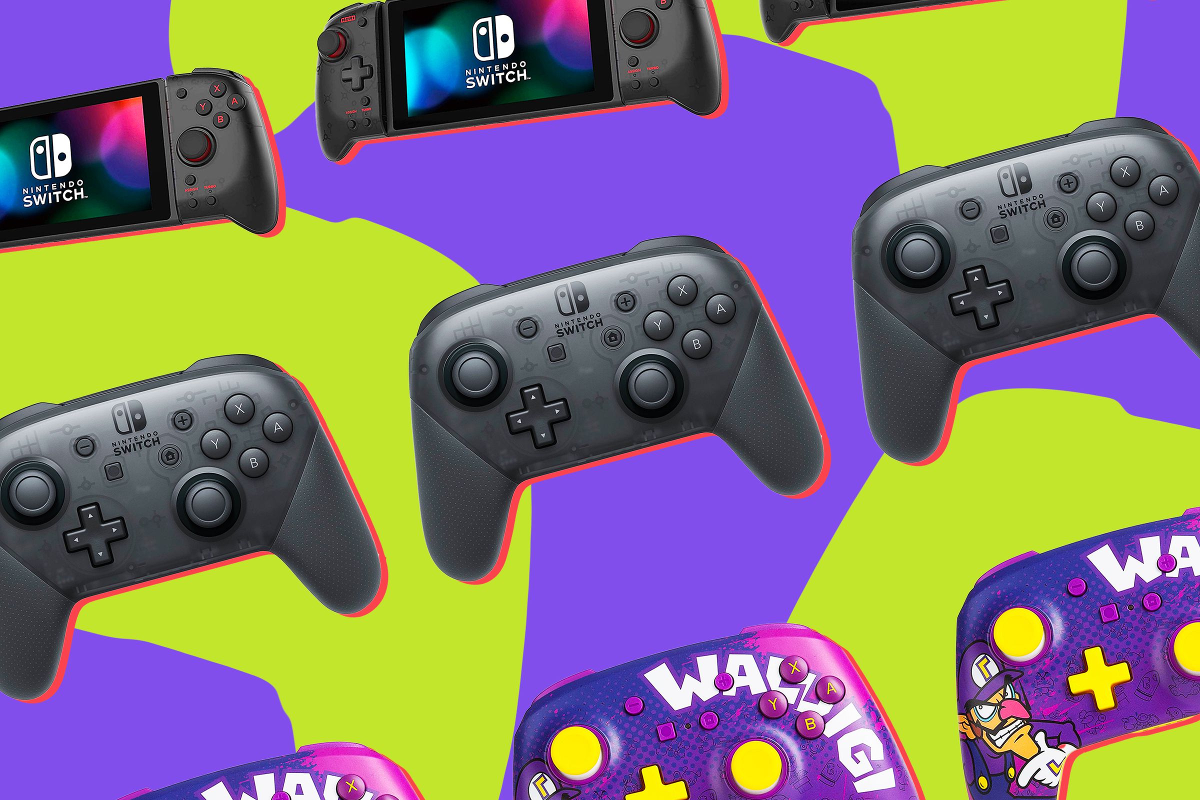 An illustration of a Nintendo Switch and various controllers against a purple and lime-green background.