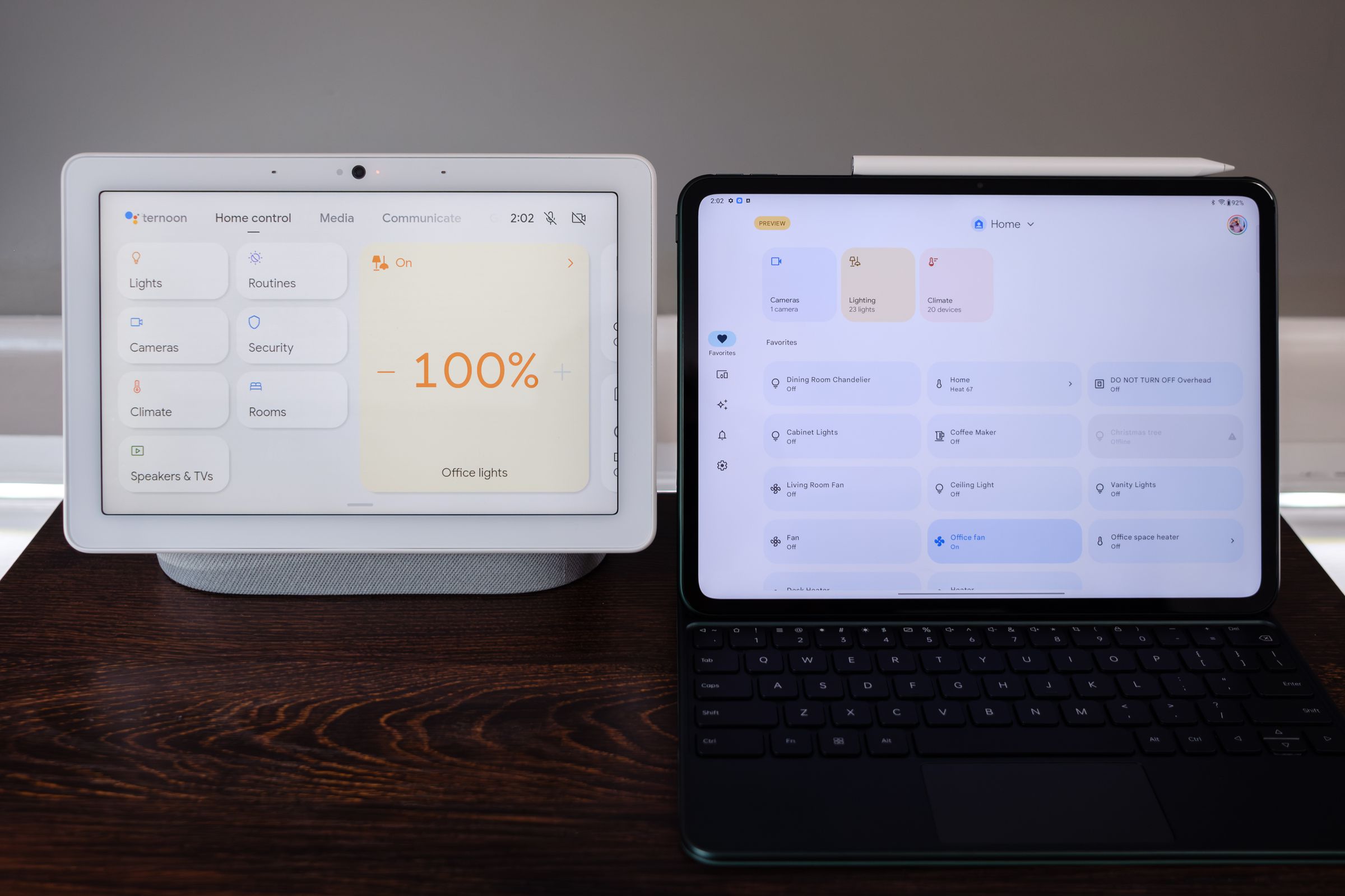 The Nest Hub Max next to an Android tablet showing the public preview of the Google Home App as of May 2, 2023