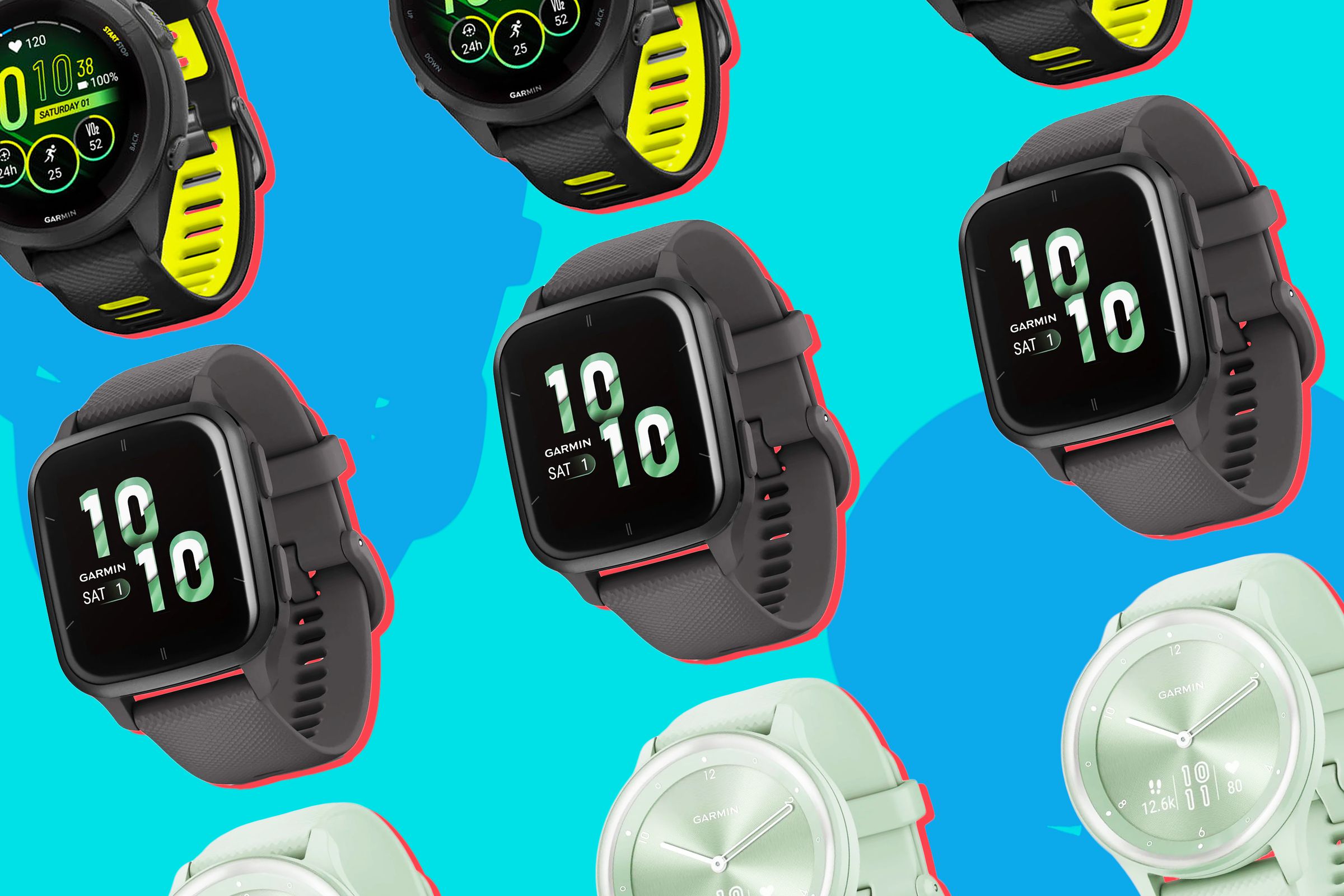 Several Garmin watches on a colorful background