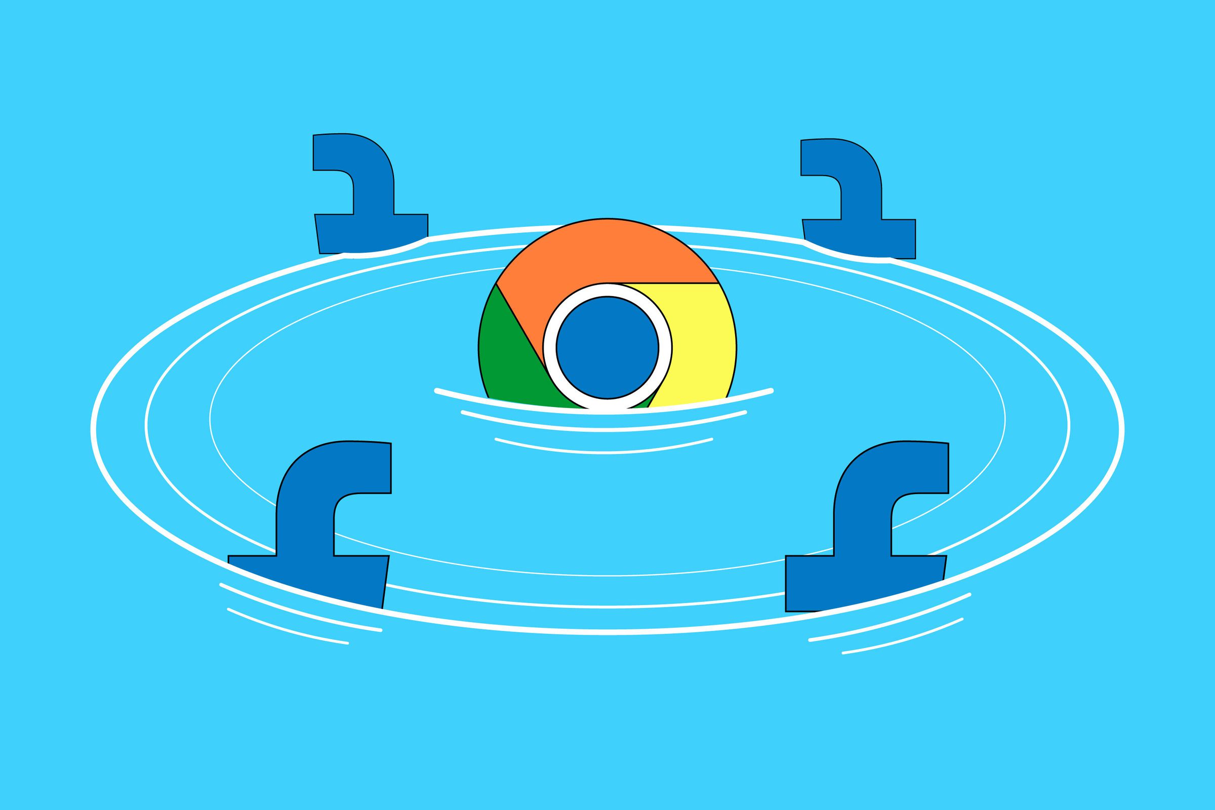 Animated illustration featuring the Google Chrome logo floating in water, surrounded by four circling Facebook logos