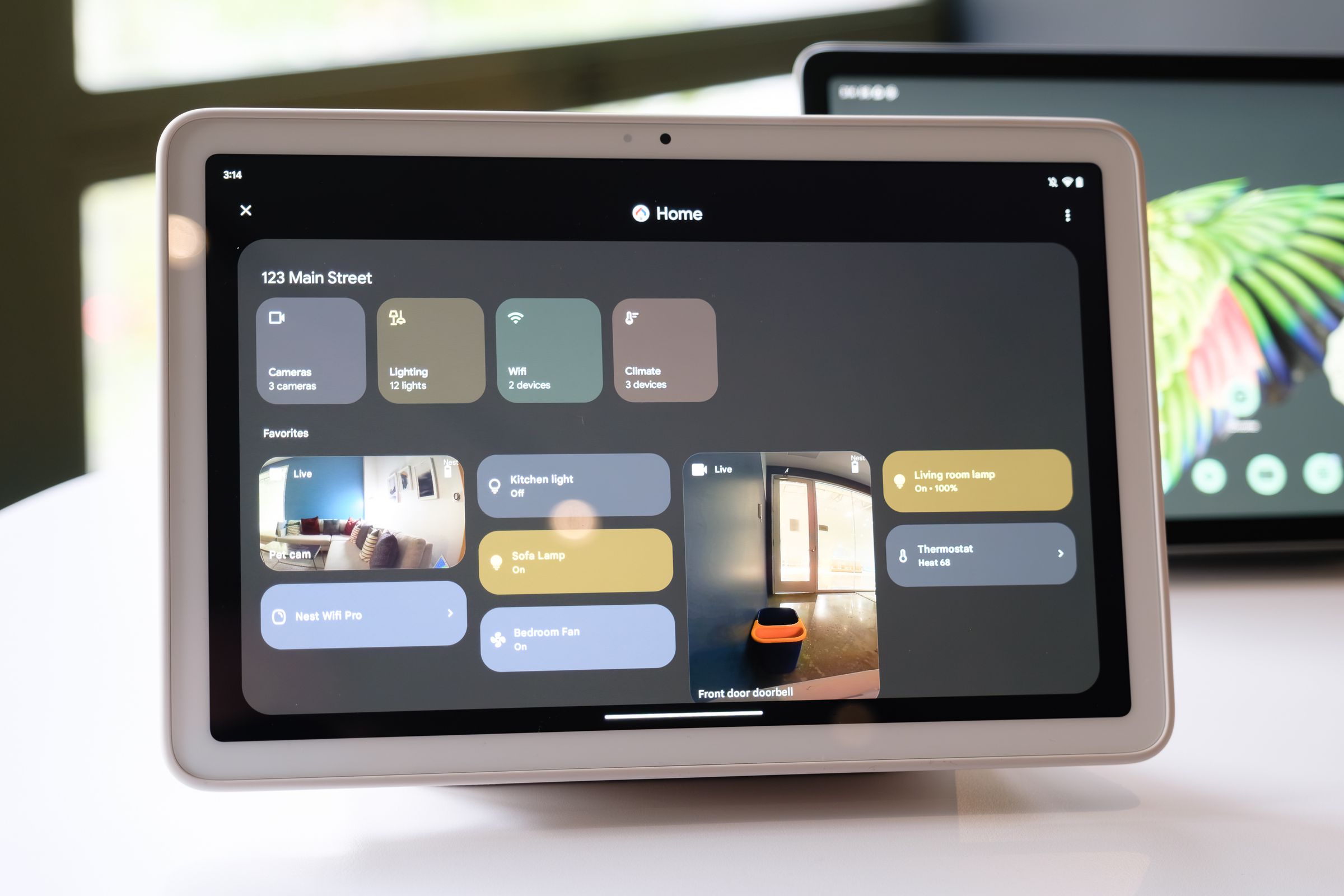 Shot of the Pixel Tablet showing Home Panel smart home information.