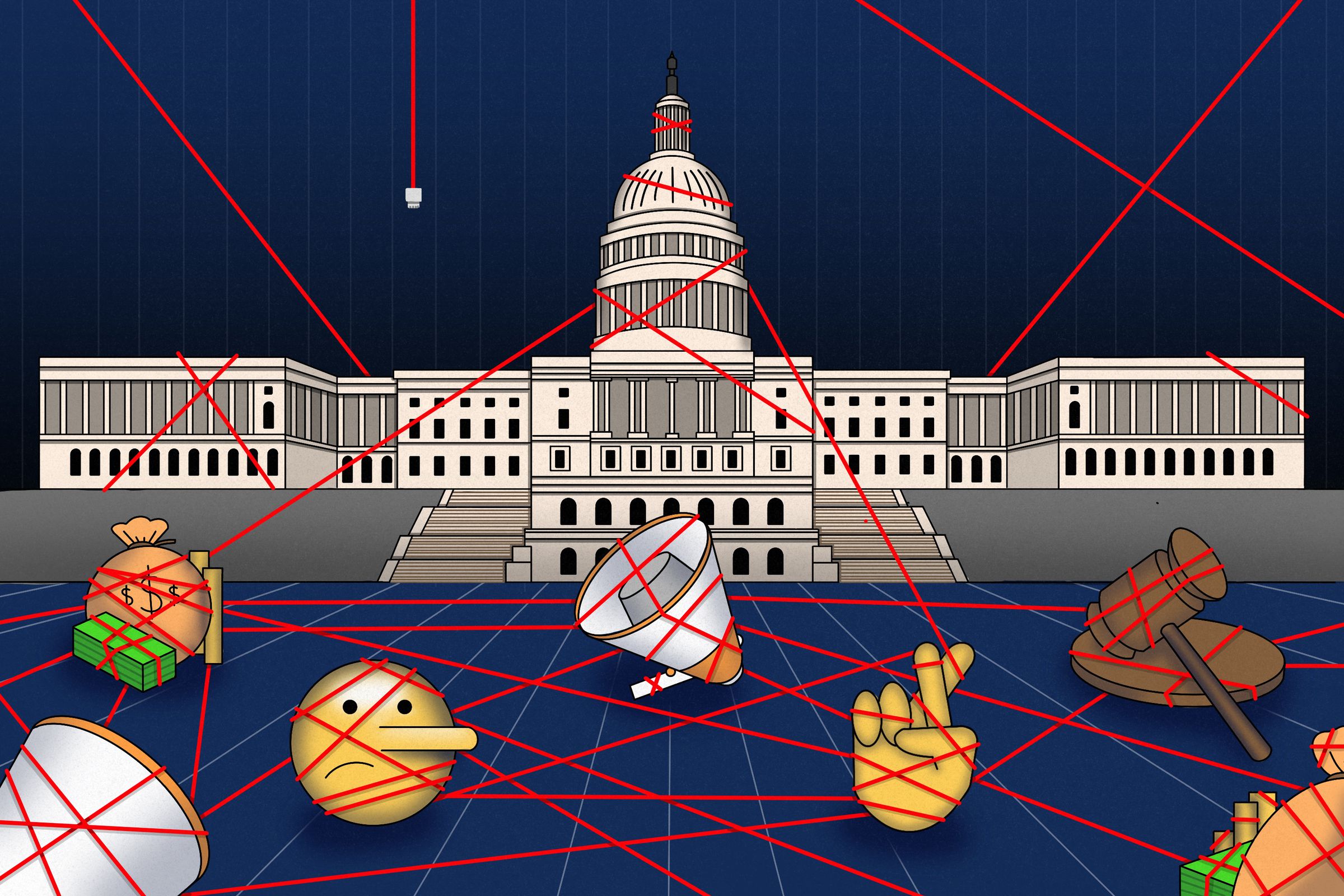 An image of Congress tied up in red strings with bags of money, megaphones, and sad emoji around it.