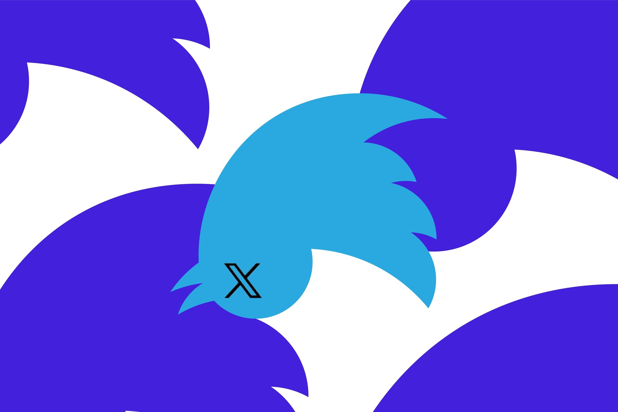 Twitter’s bird logo, upside down, with its new X logo placed over the eyes.