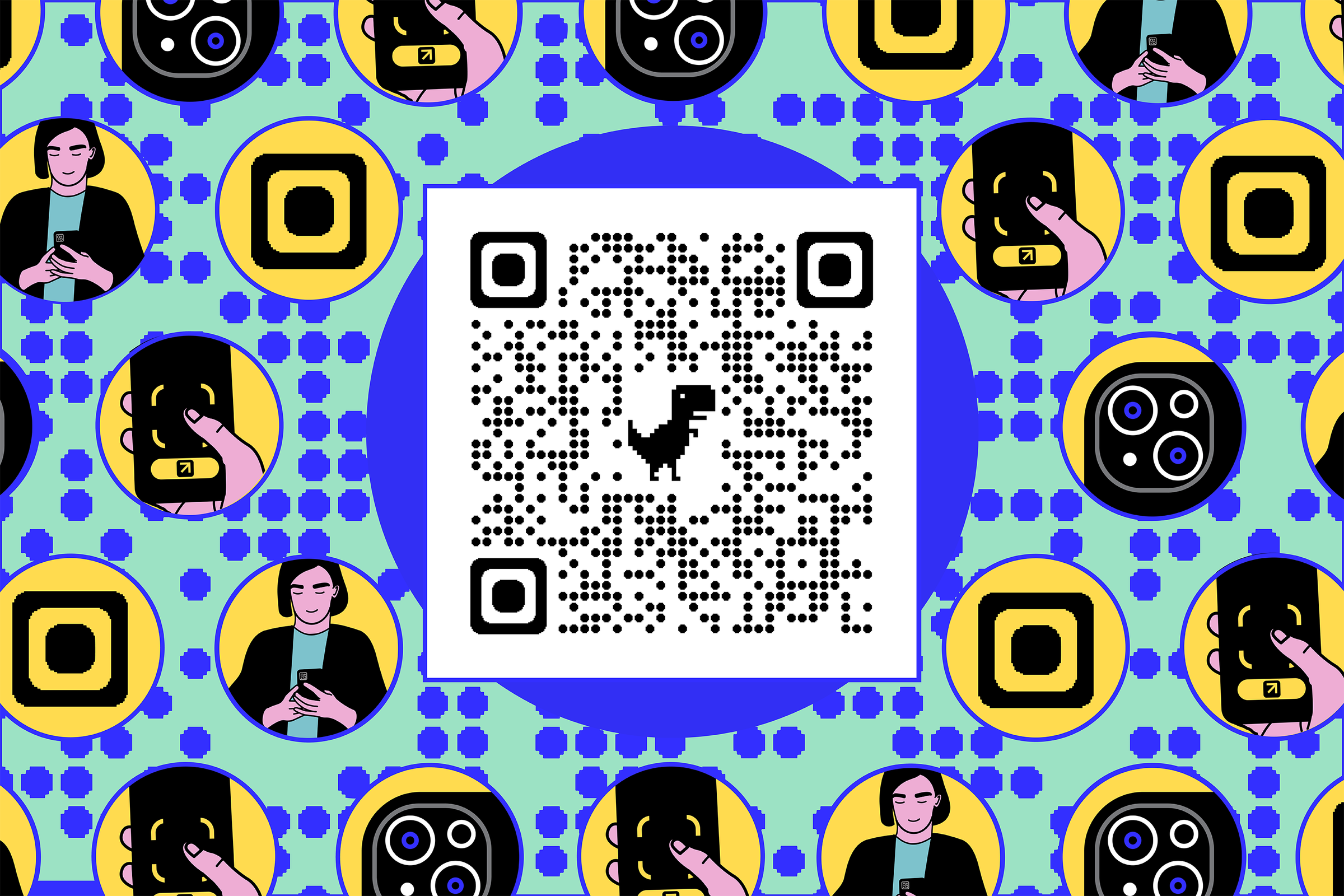 QR code against illustrated background