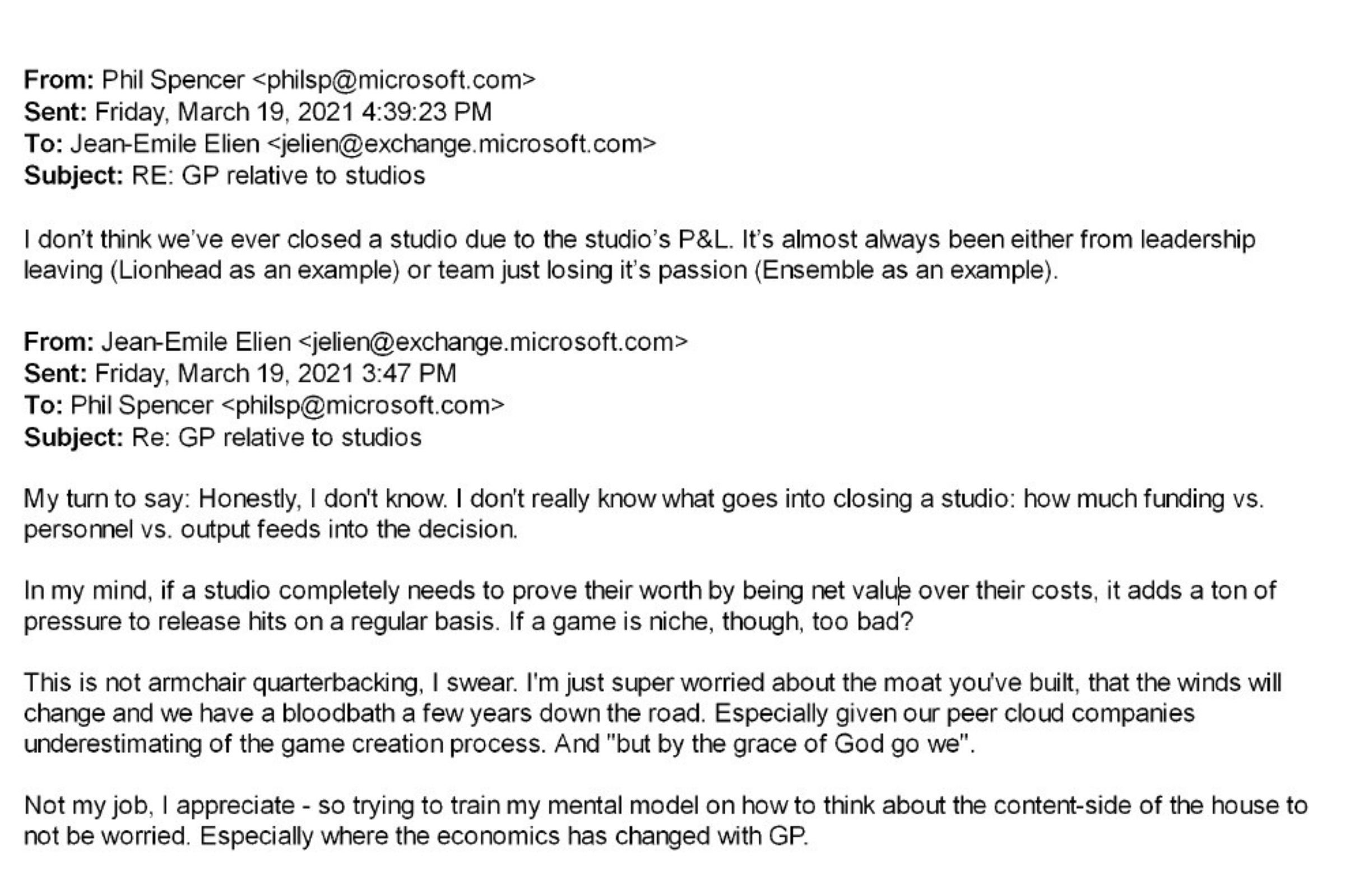 A screenshot taken from emails leaked in the FTC v. Microsoft case.