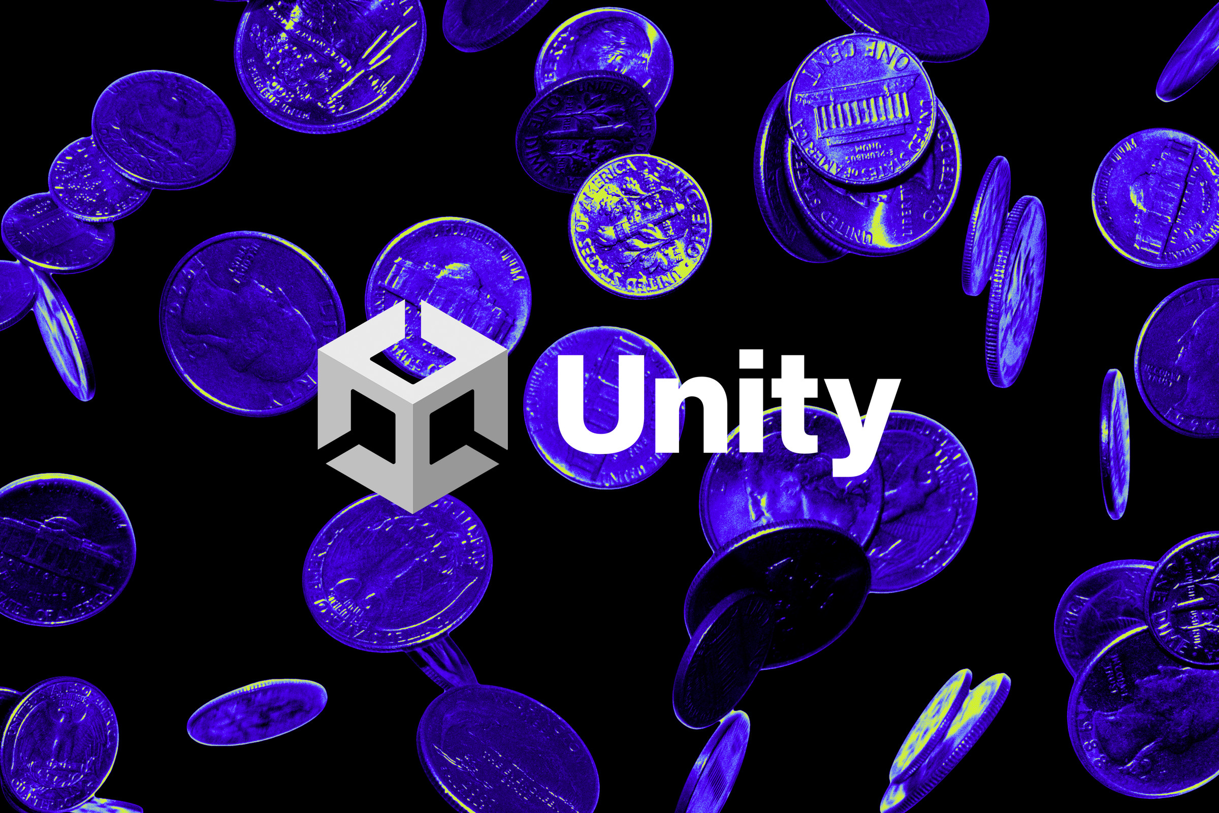 Photo illustration of the Unity logo with coins falling in the background.