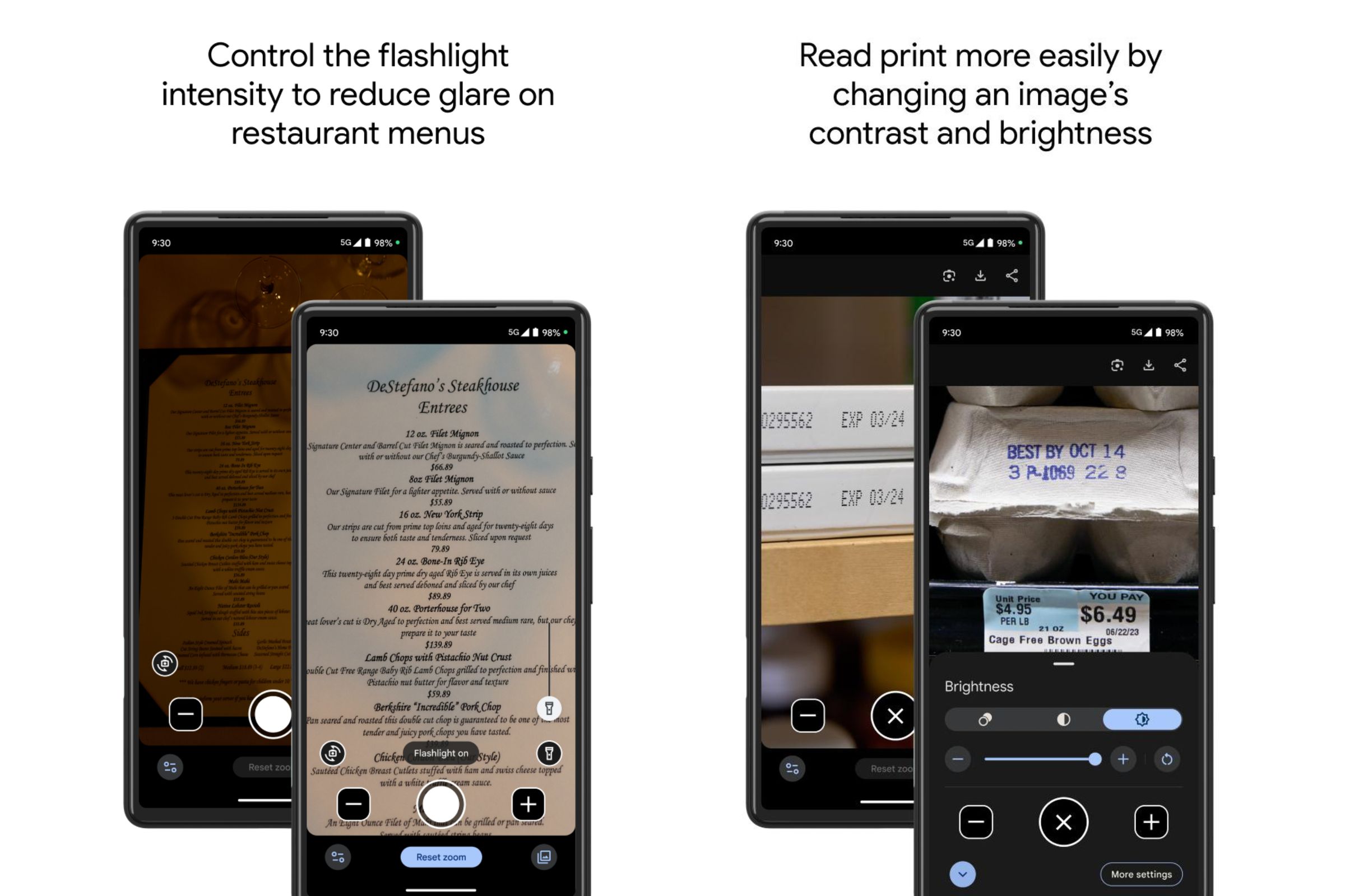 Four phones displaying the new Magnifier app for Google Pixel devices.