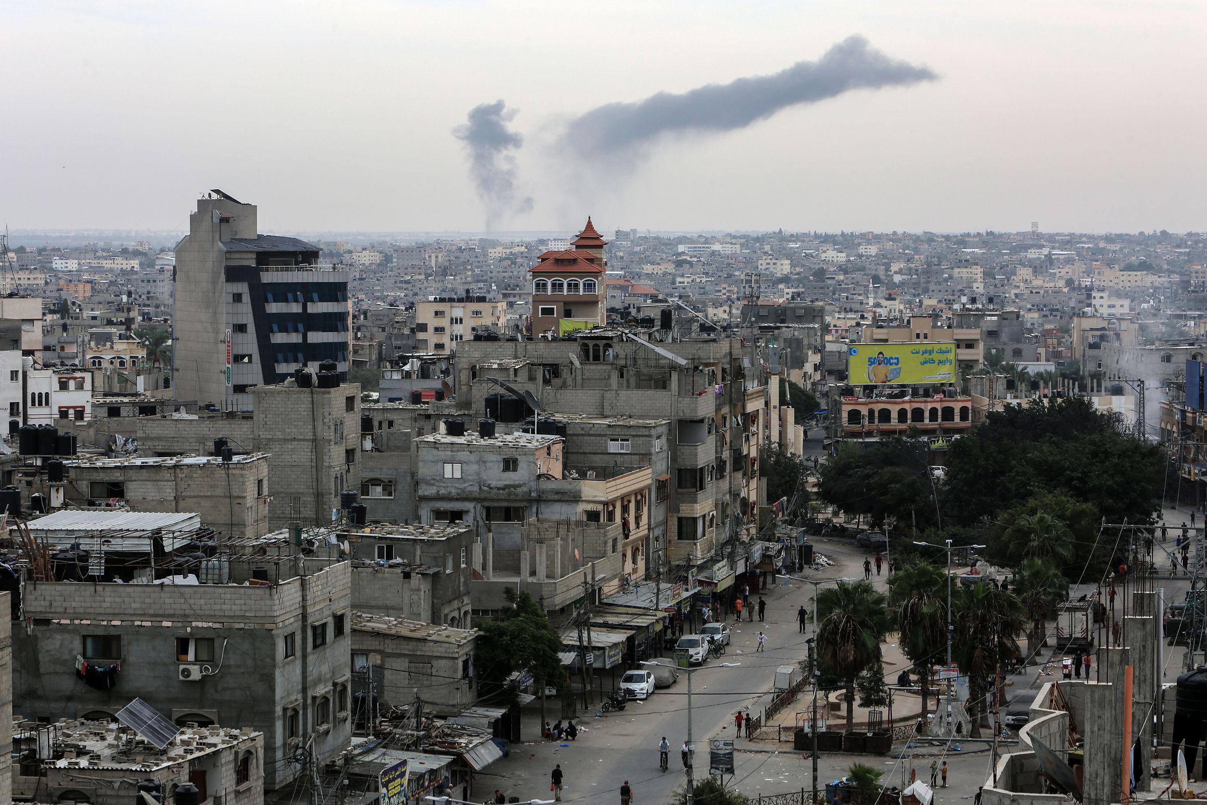 Smoke rises after Israeli airstrikes as the attacks continue on the 21st day in Rafah, Gaza on October 27th, 2023.