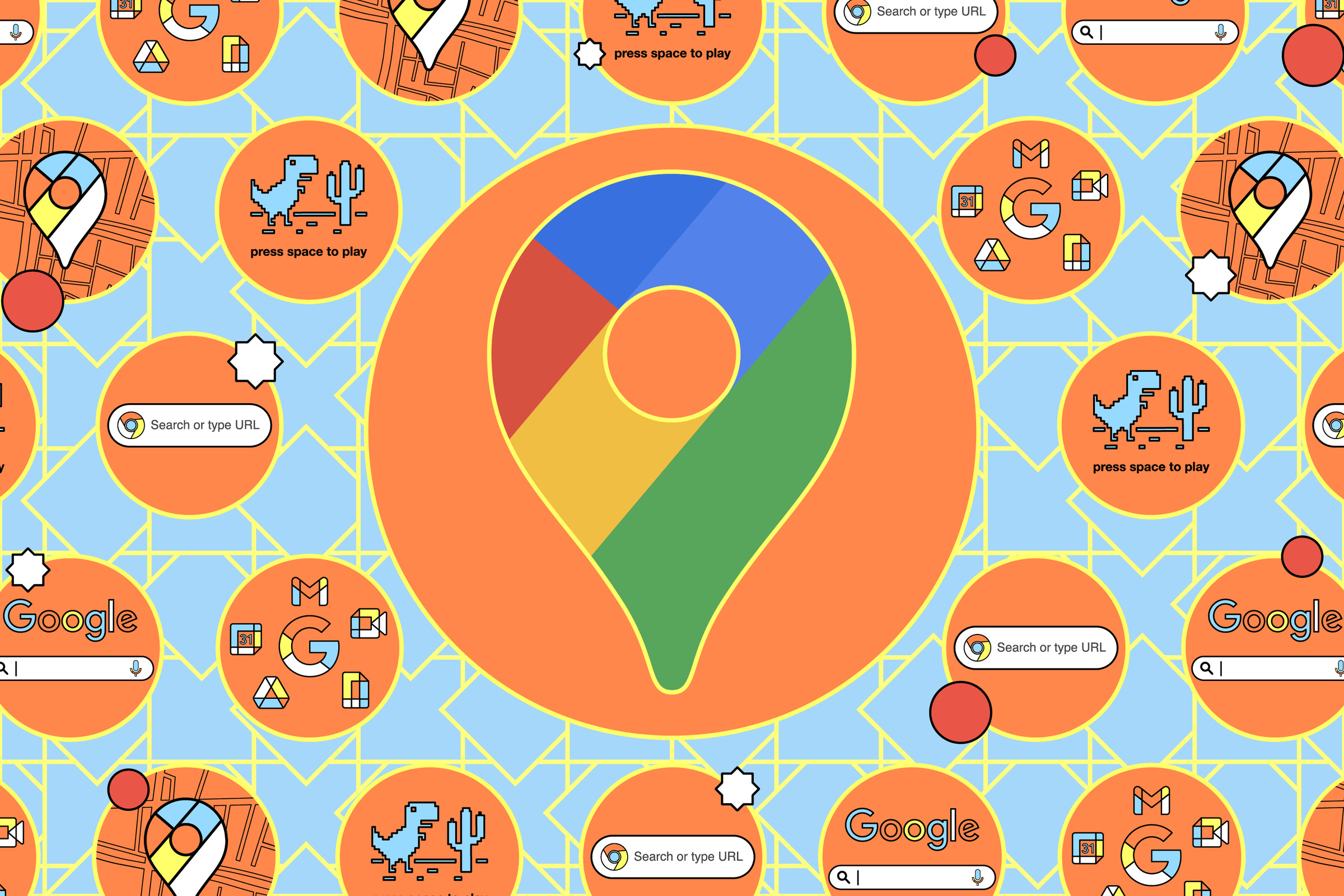 Vector collage featuring the Google Maps logo.
