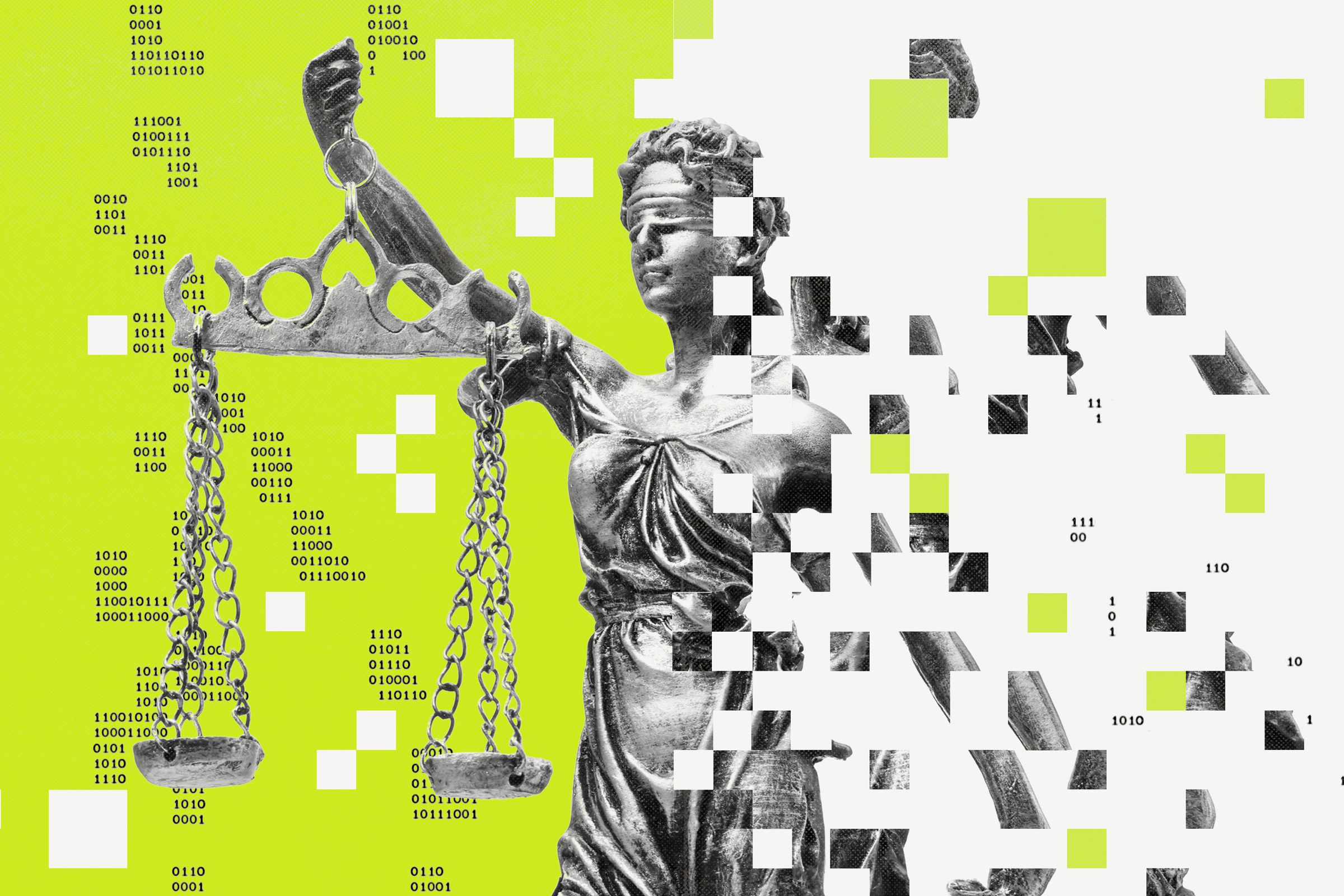 Photo illustration of a statue of Lady Justice with pixelation and binary code texture